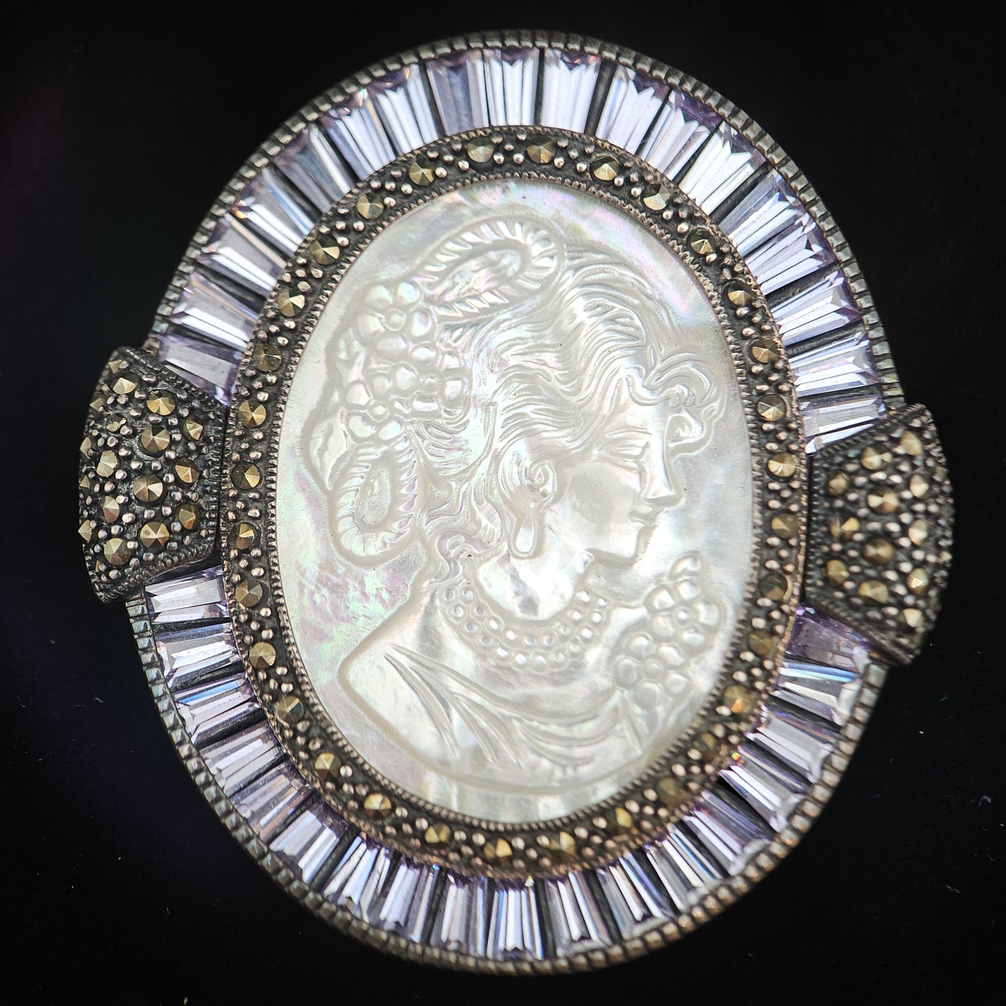 Mother of Pearl Cameo & Purple CZ Pendant Brooch | Vintage Convertible Jewelry