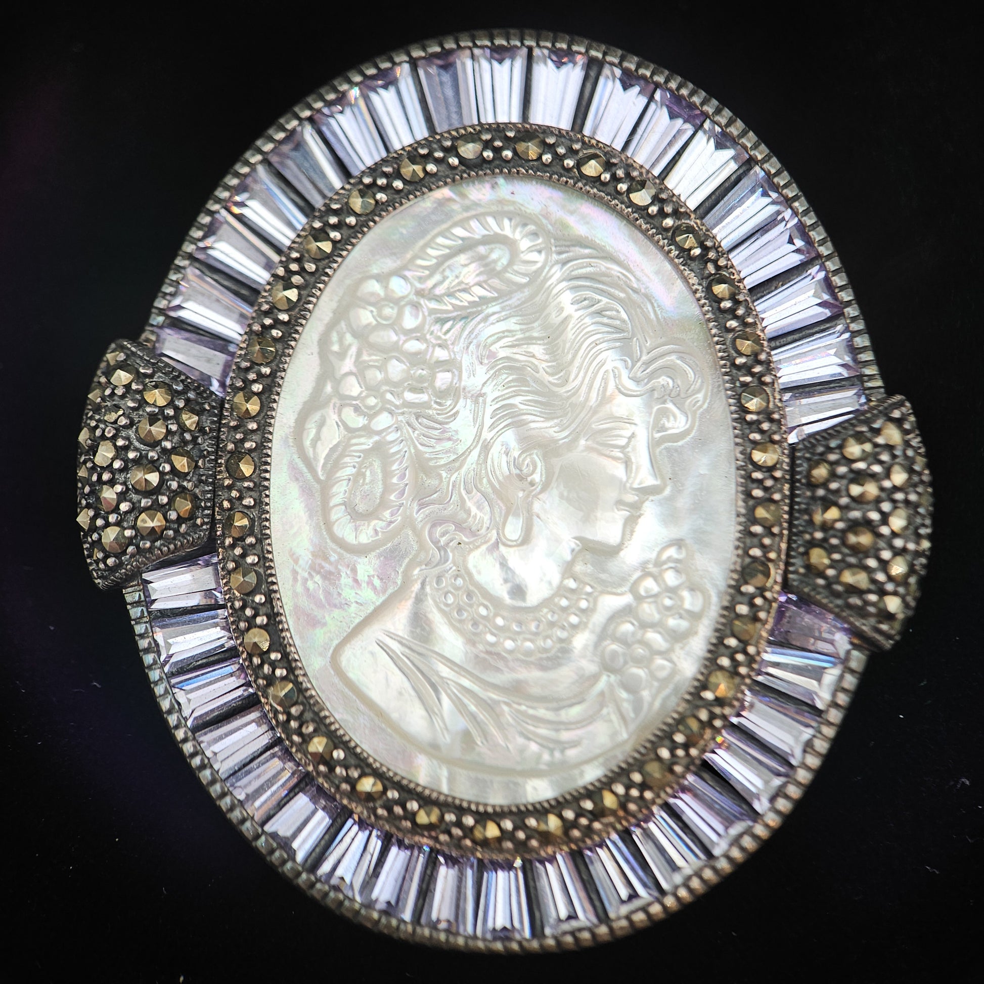 Mother of Pearl Cameo & Purple CZ Pendant Brooch | Vintage Convertible Jewelry
