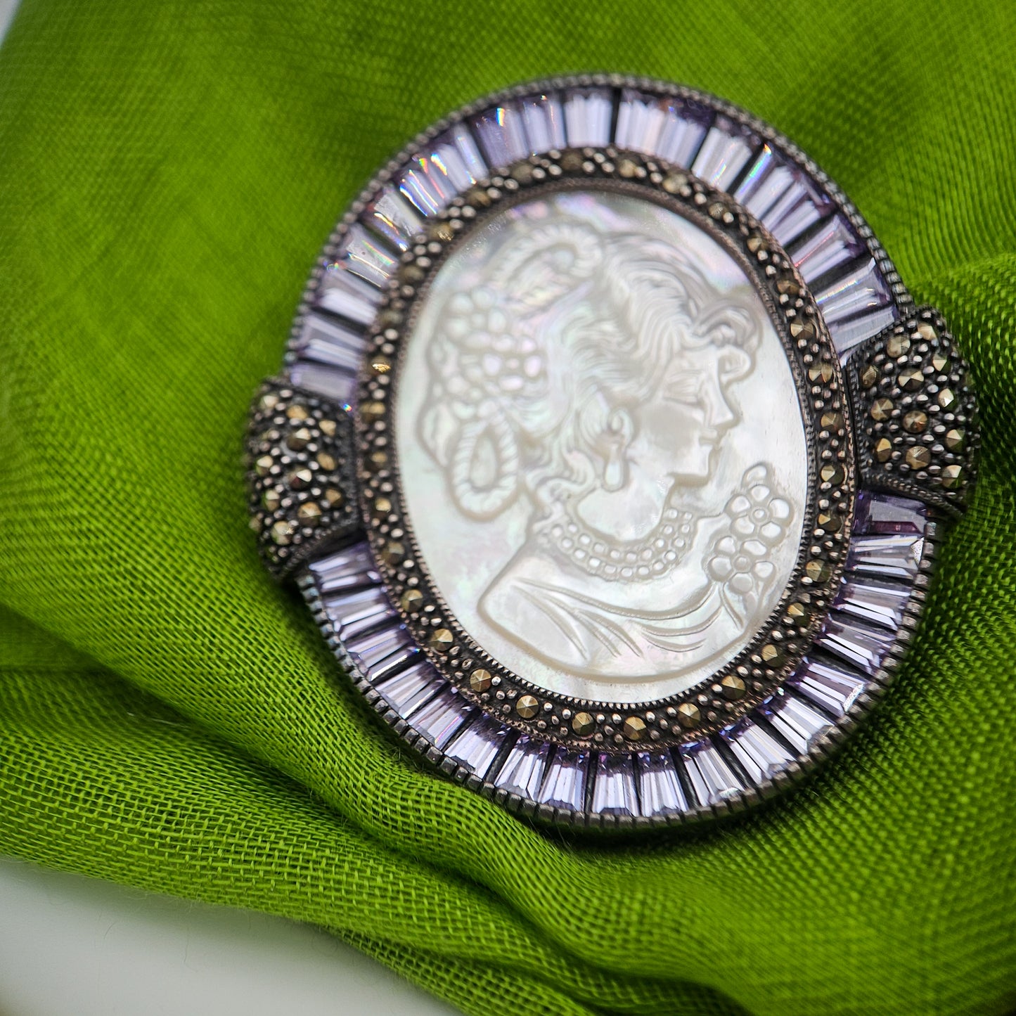 Mother of Pearl Cameo & Purple CZ Pendant Brooch | Vintage Convertible Jewelry