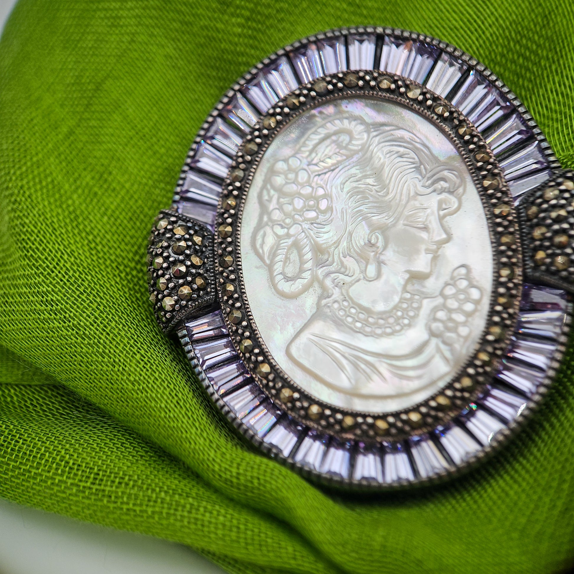 Mother of Pearl Cameo & Purple CZ Pendant Brooch | Vintage Convertible Jewelry