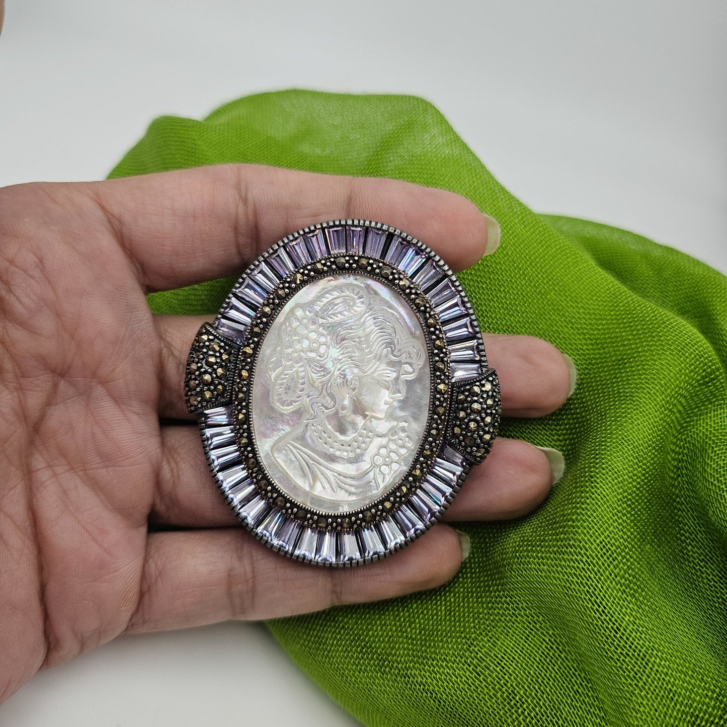 Mother of Pearl Cameo & Purple CZ Pendant Brooch | Vintage Convertible Jewelry