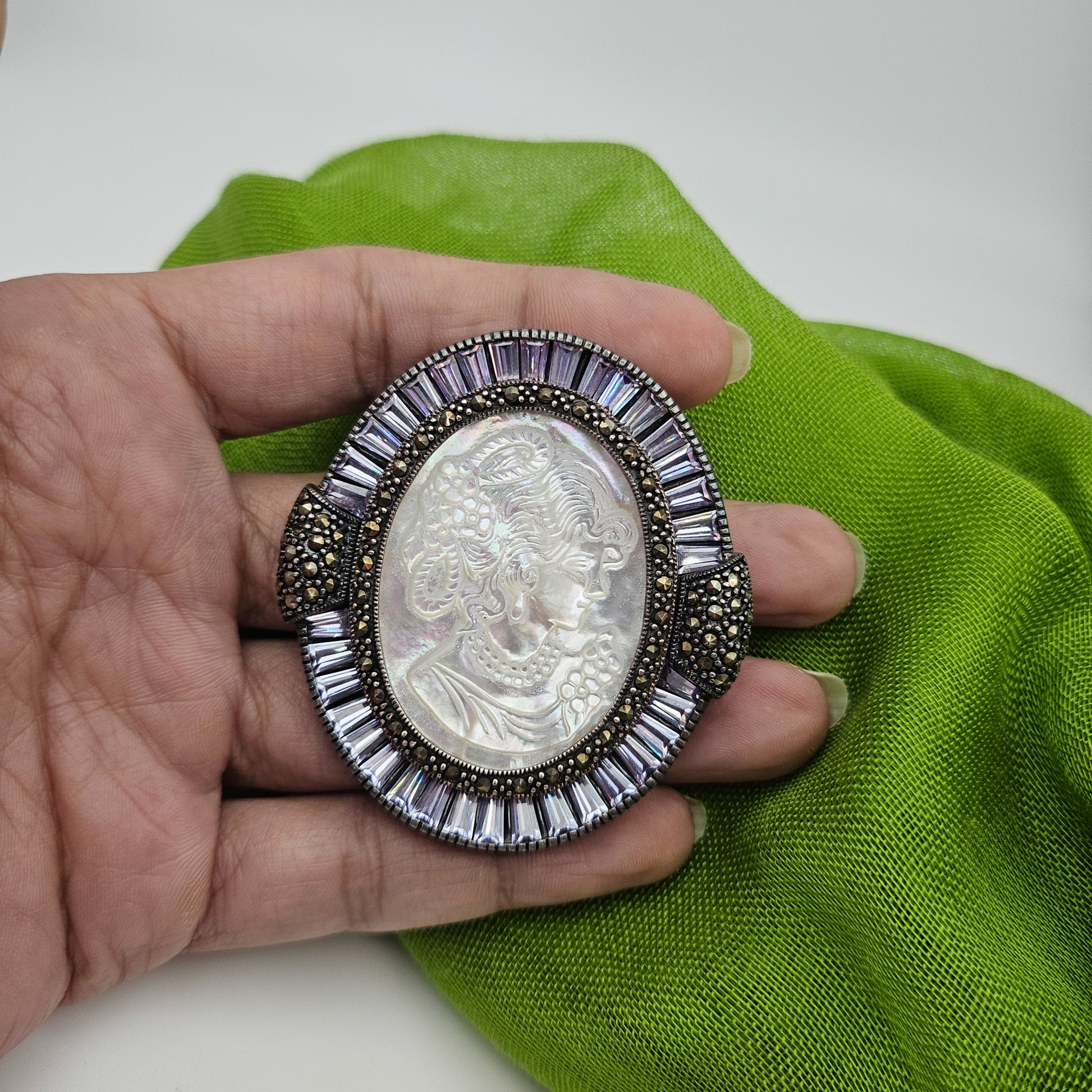 Mother of Pearl Cameo & Purple CZ Pendant Brooch | Vintage Convertible Jewelry