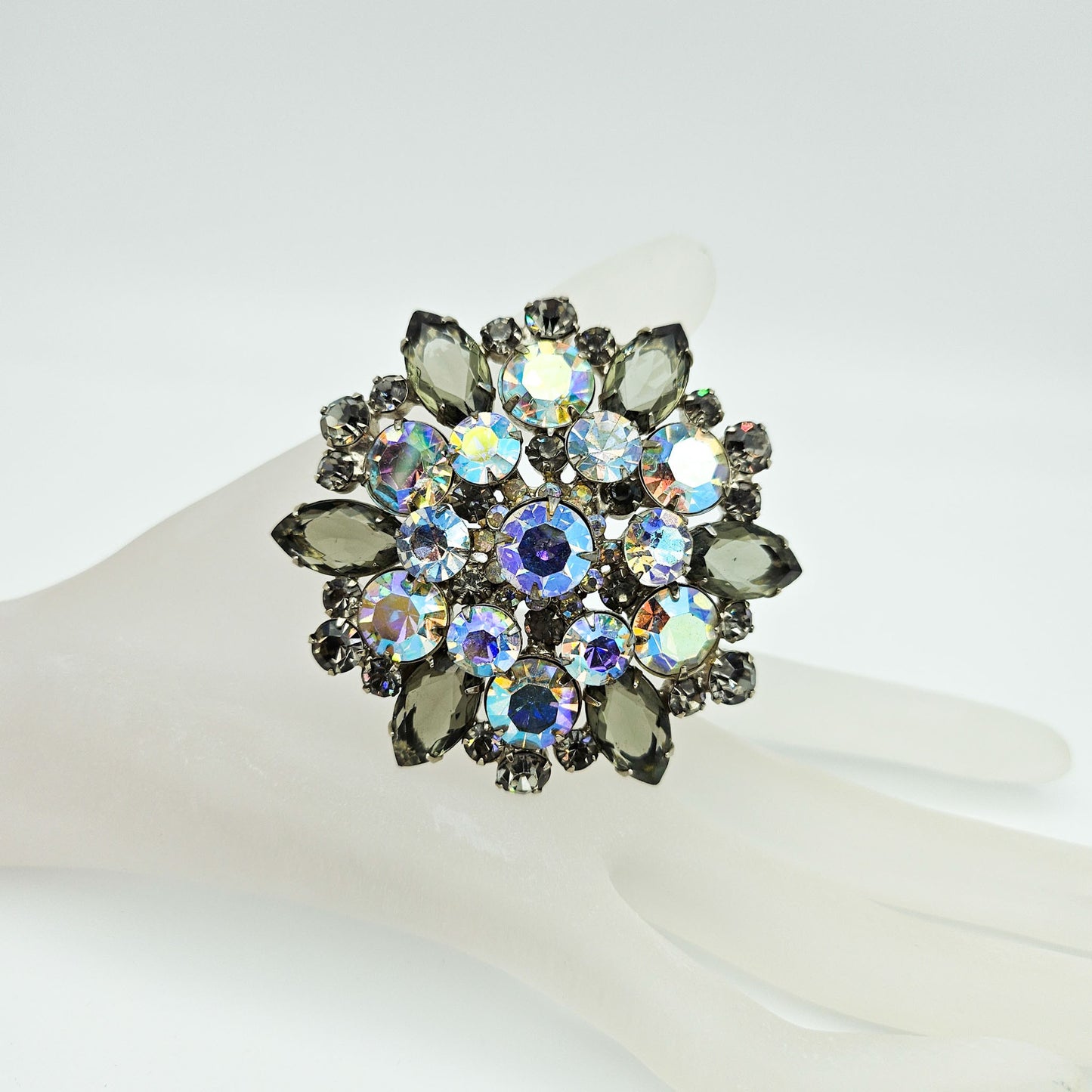 Vintage Designer-Style Smoky Gray & AB Rhinestone Brooch | Large Mid-Century Pin