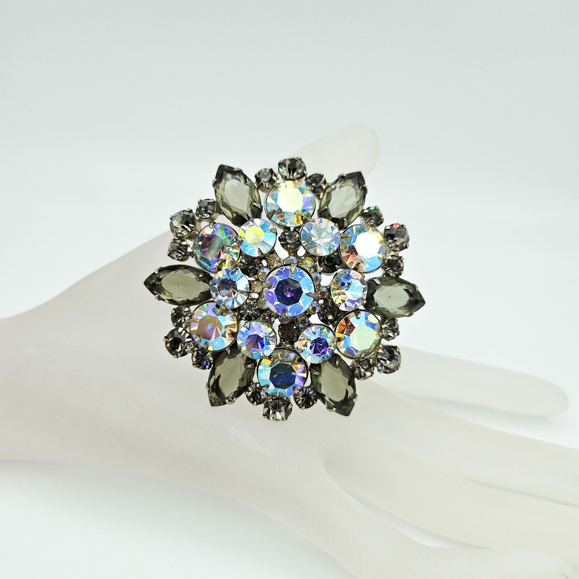 Vintage Designer-Style Smoky Gray & AB Rhinestone Brooch | Large Mid-Century Pin