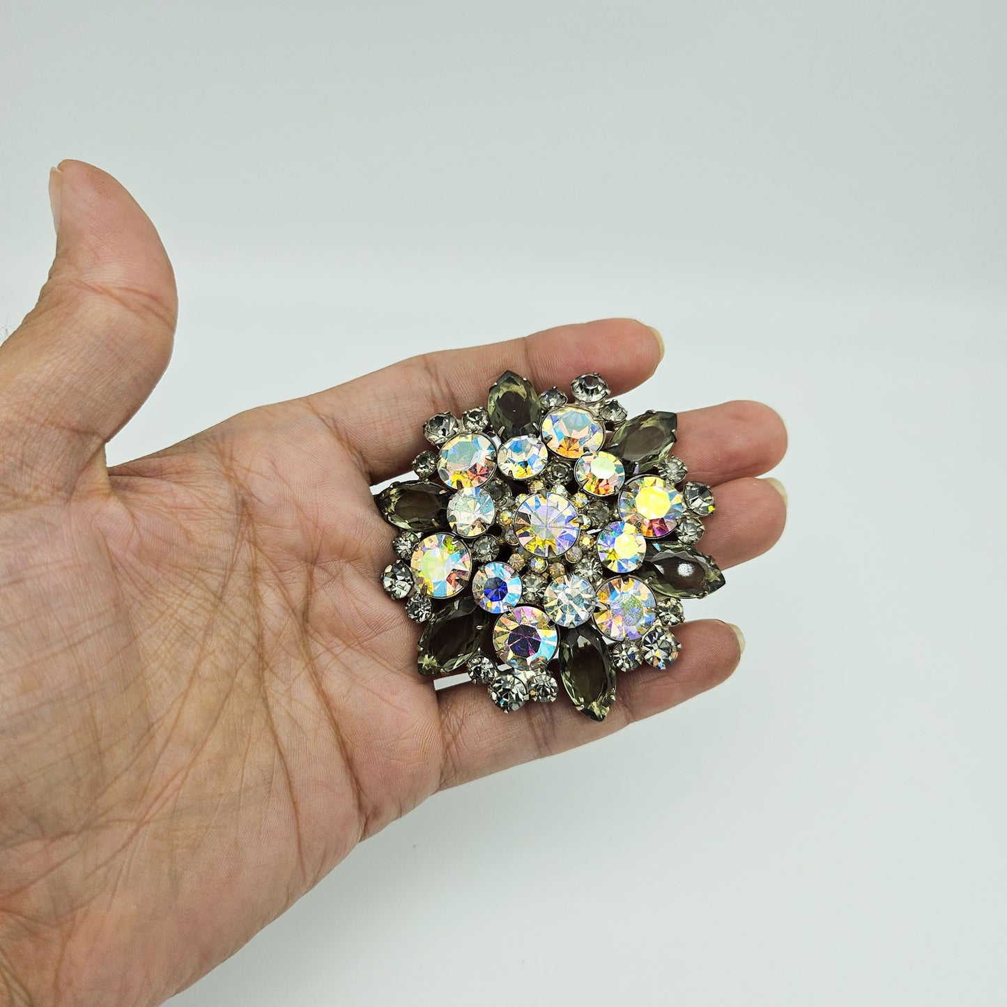 Vintage Designer-Style Smoky Gray & AB Rhinestone Brooch | Large Mid-Century Pin