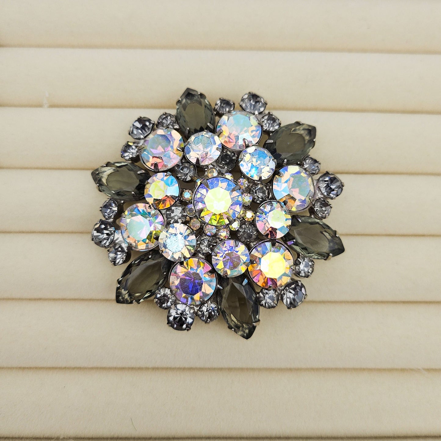 Vintage Designer-Style Smoky Gray & AB Rhinestone Brooch | Large Mid-Century Pin