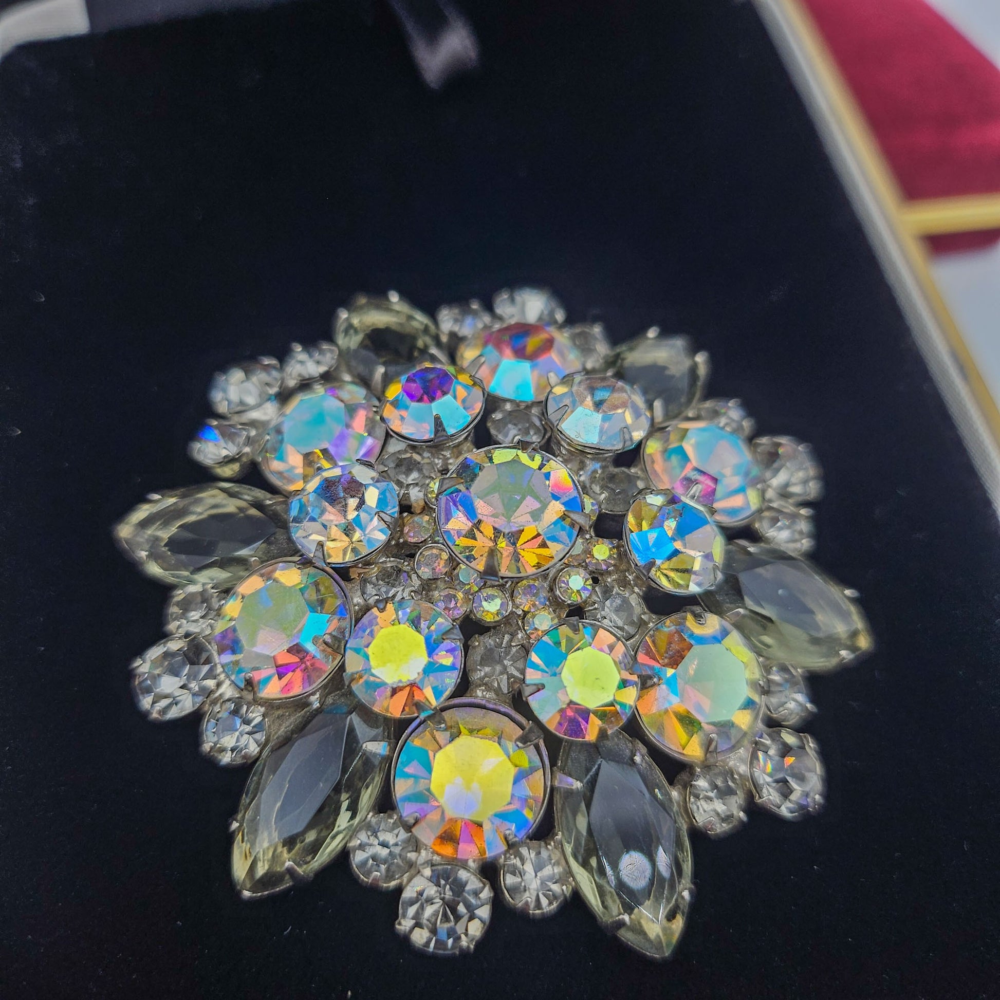 Vintage Designer-Style Smoky Gray & AB Rhinestone Brooch | Large Mid-Century Pin