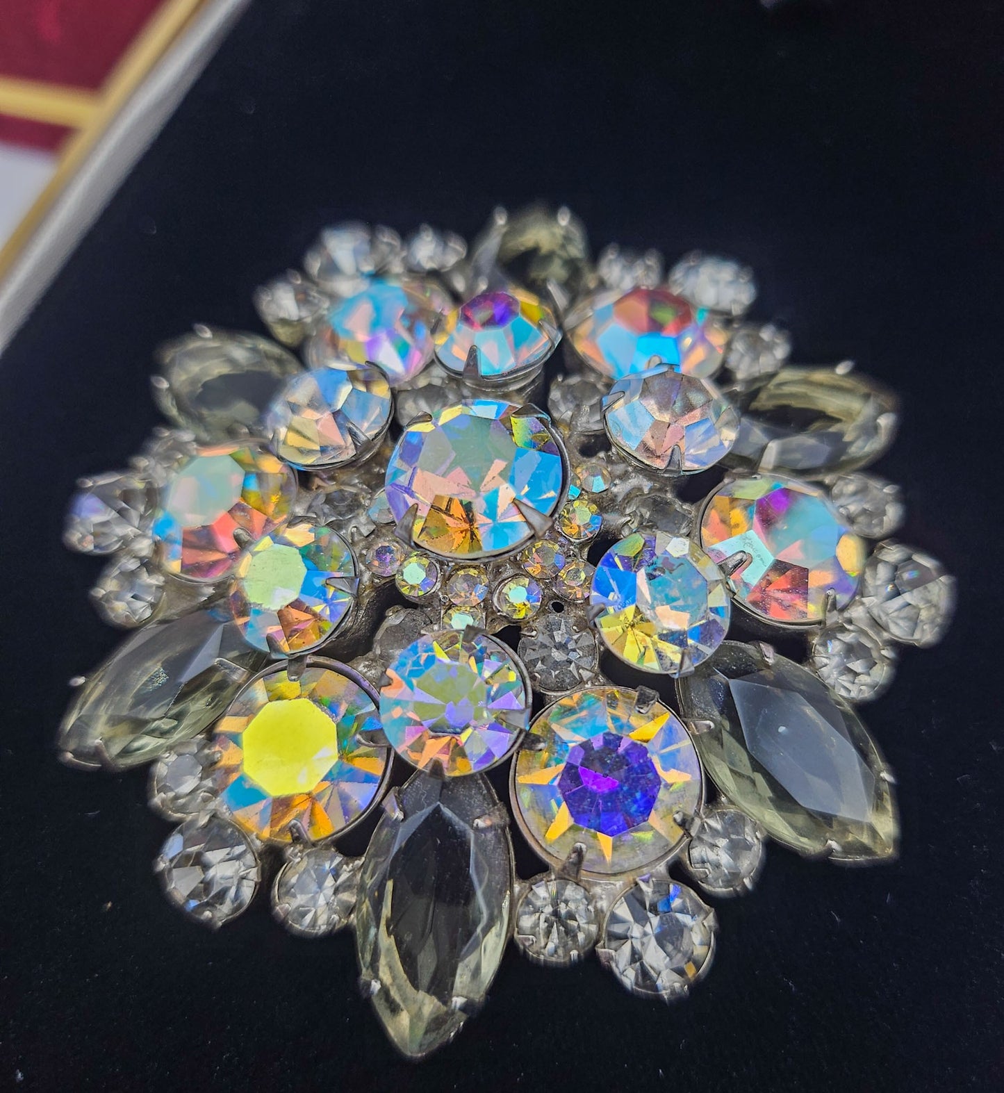 Vintage Designer-Style Smoky Gray & AB Rhinestone Brooch | Large Mid-Century Pin