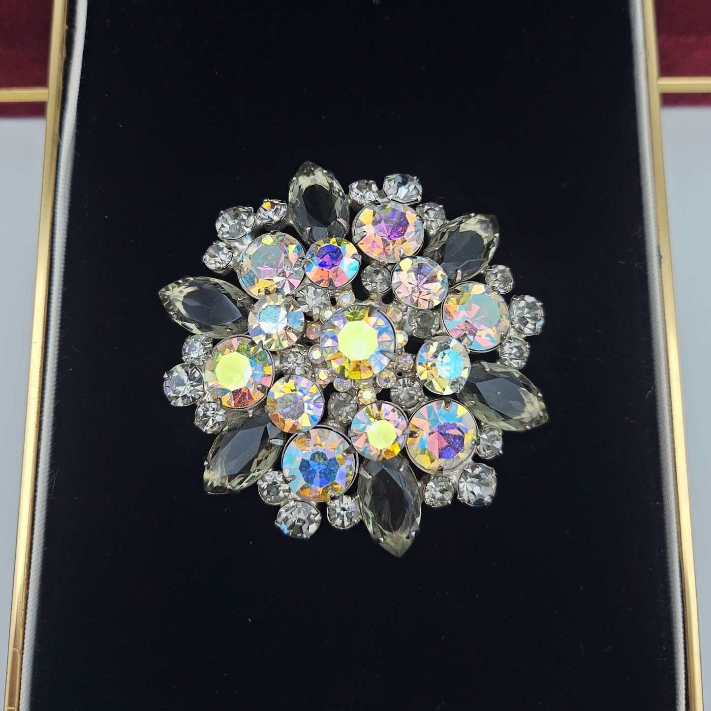 Vintage Designer-Style Smoky Gray & AB Rhinestone Brooch | Large Mid-Century Pin