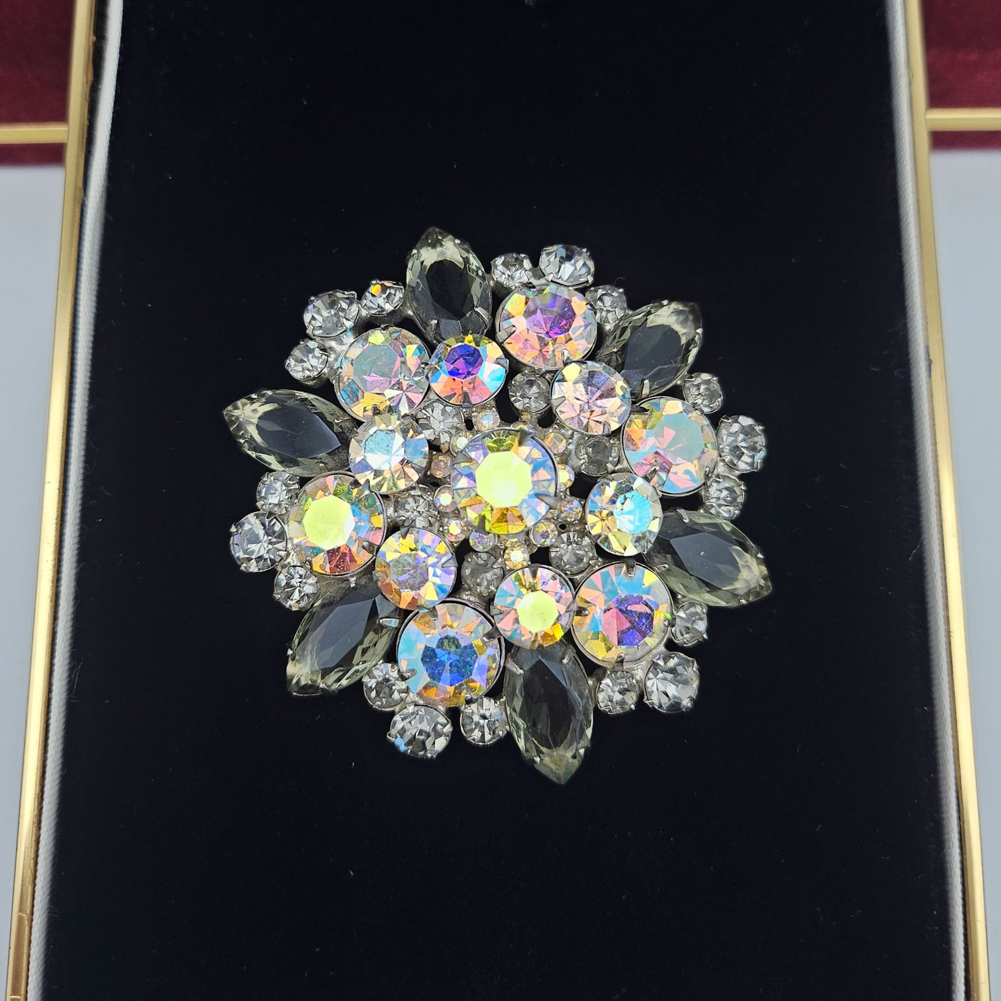 Vintage Designer-Style Smoky Gray & AB Rhinestone Brooch | Large Mid-Century Pin