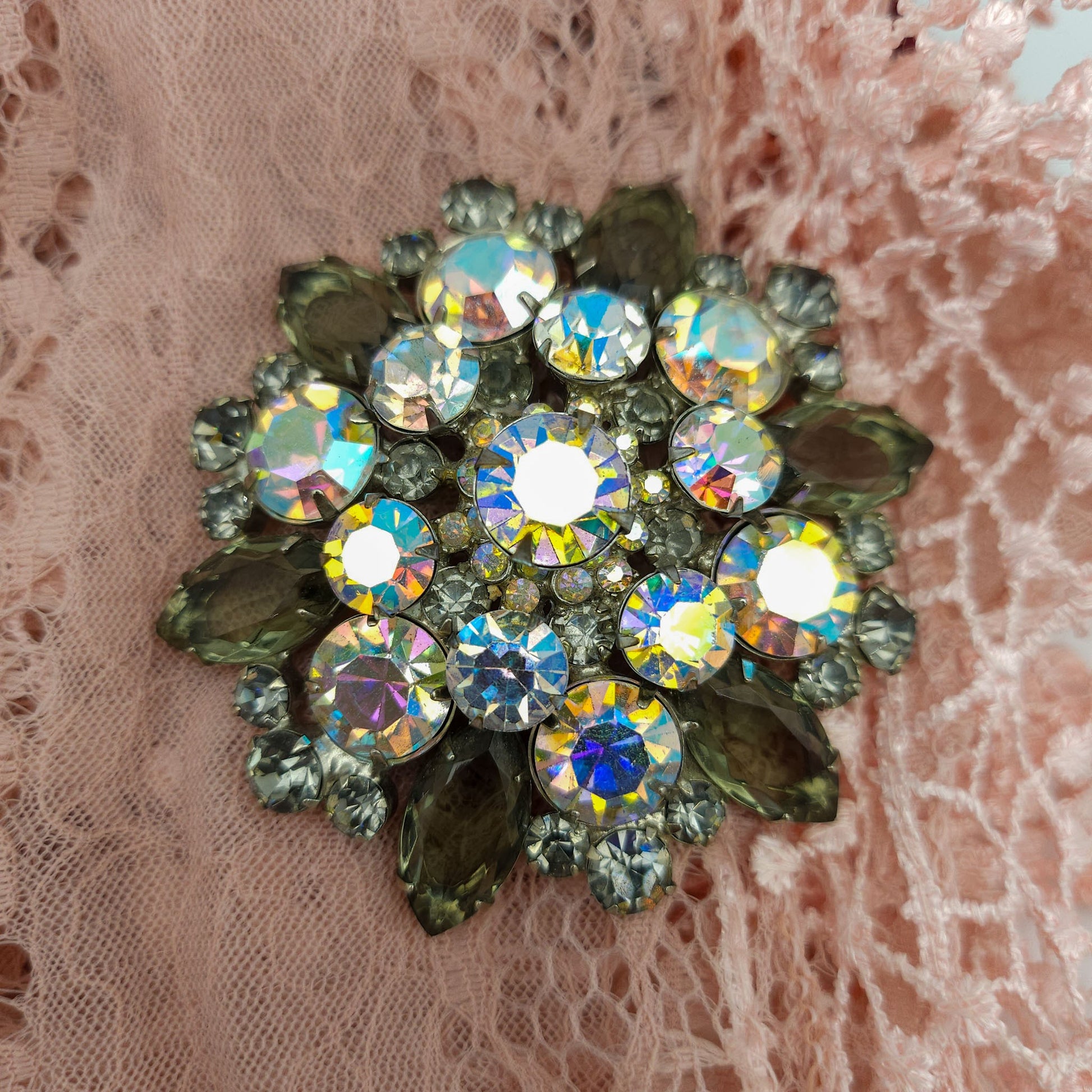 Vintage Designer-Style Smoky Gray & AB Rhinestone Brooch | Large Mid-Century Pin