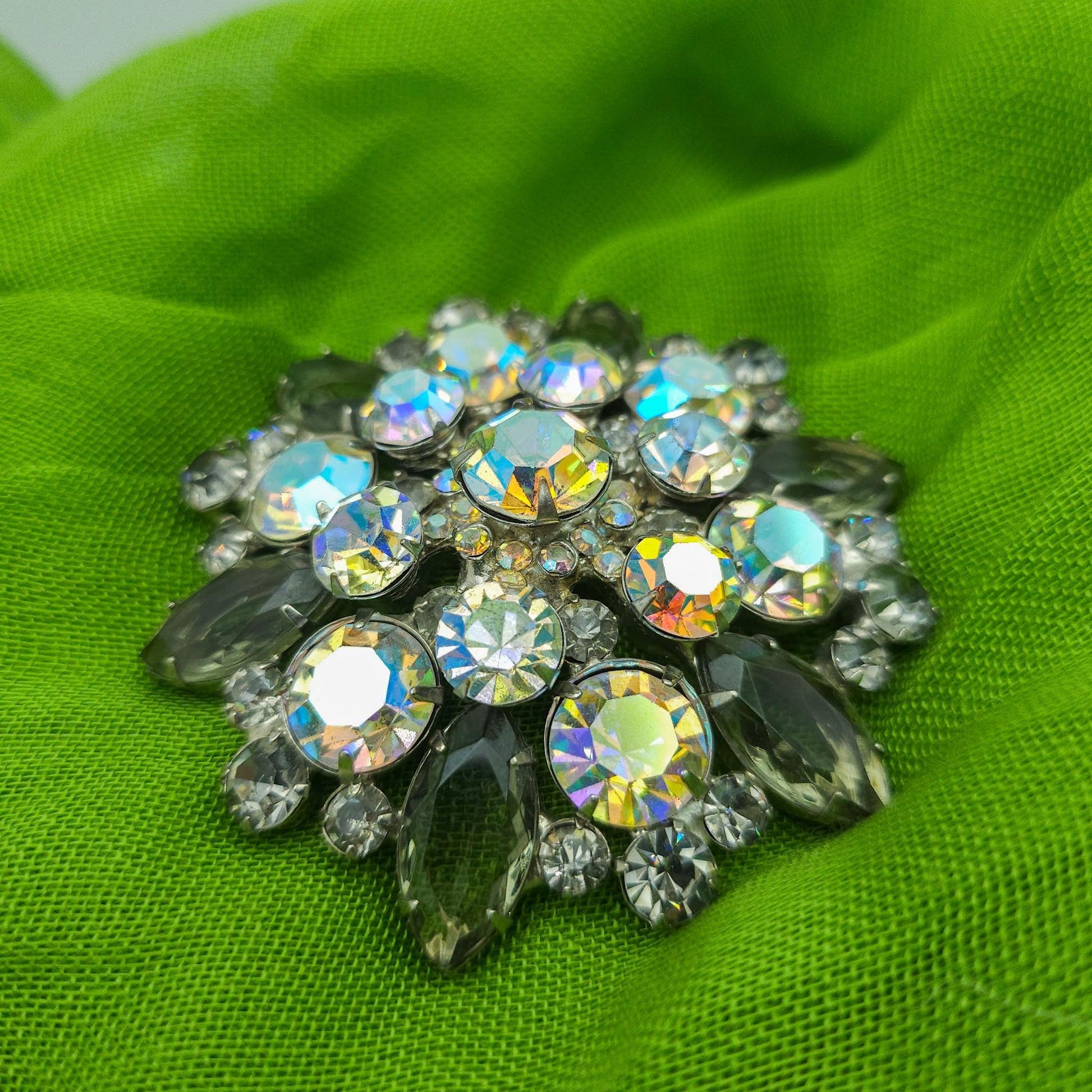 Vintage Designer-Style Smoky Gray & AB Rhinestone Brooch | Large Mid-Century Pin