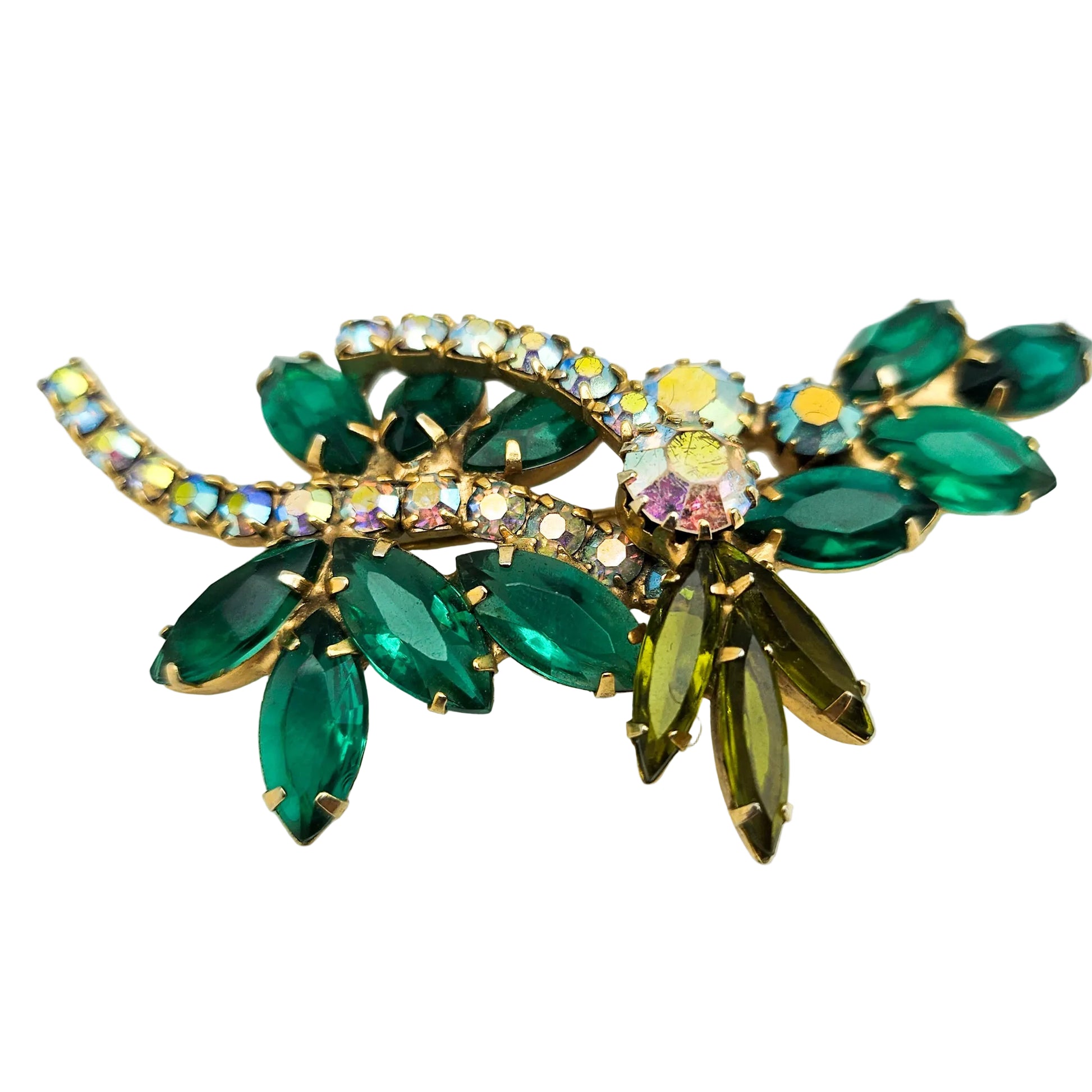 Vintage Designer-Style Green Rhinestone Brooch | Juliana-Style Mid-Century Pin