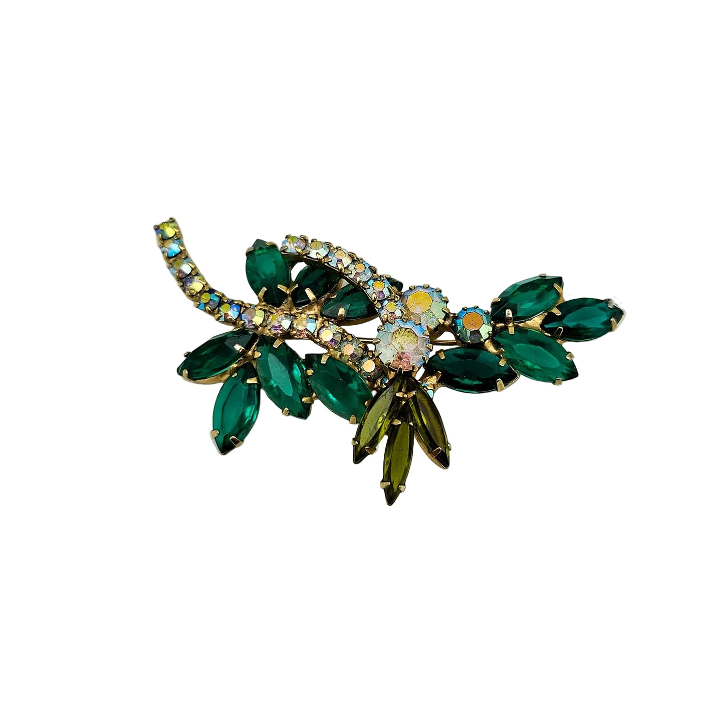 Vintage Designer-Style Green Rhinestone Brooch | Juliana-Style Mid-Century Pin