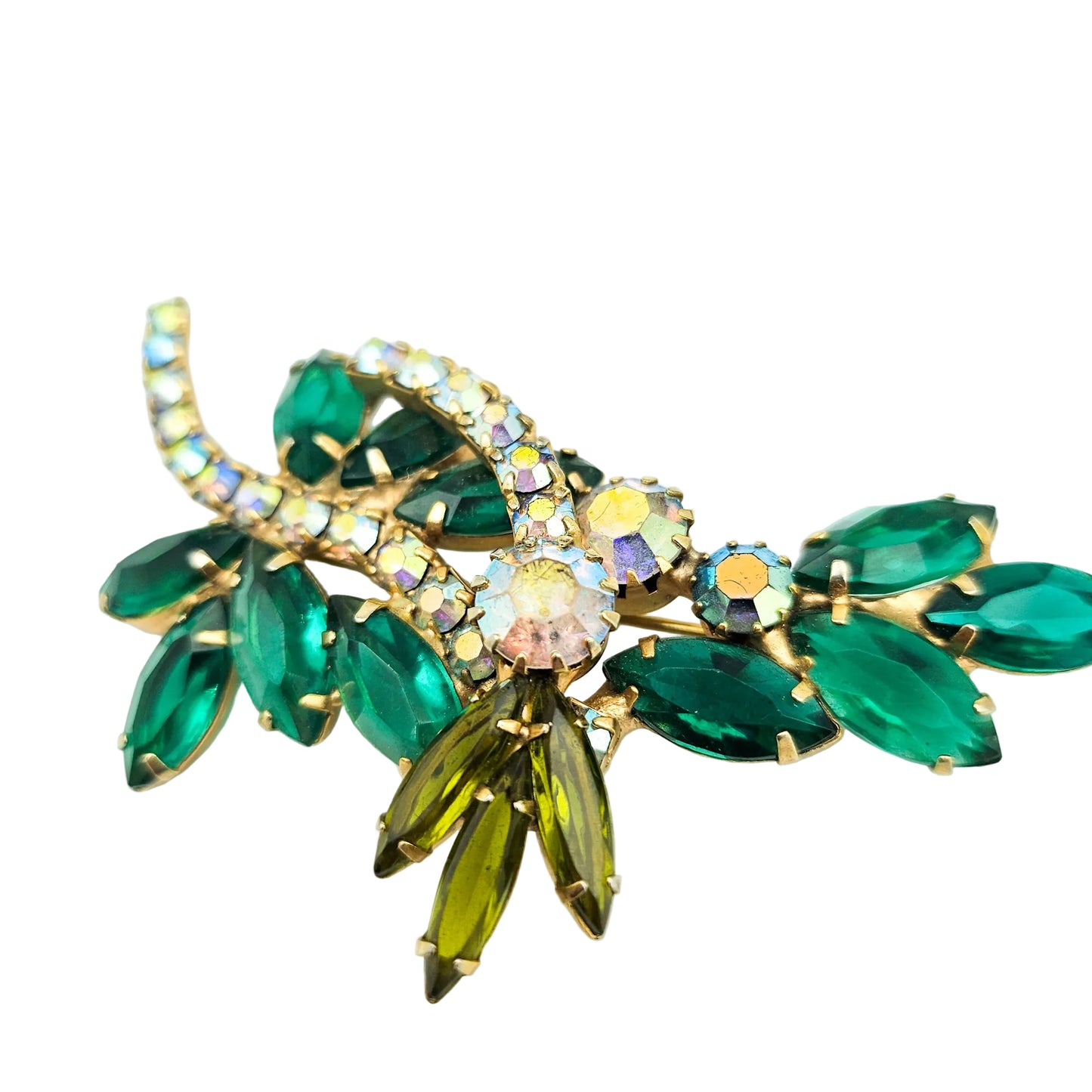 Vintage Designer-Style Green Rhinestone Brooch | Juliana-Style Mid-Century Pin