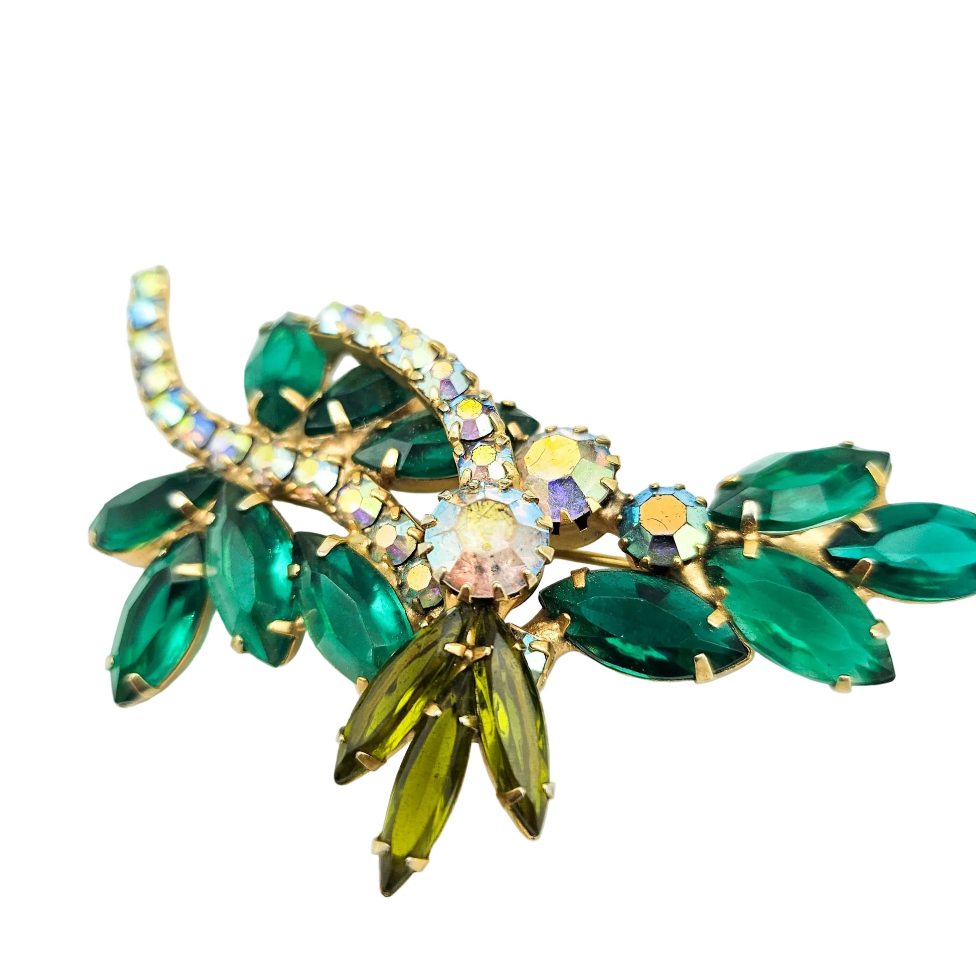 Vintage Designer-Style Green Rhinestone Brooch | Juliana-Style Mid-Century Pin
