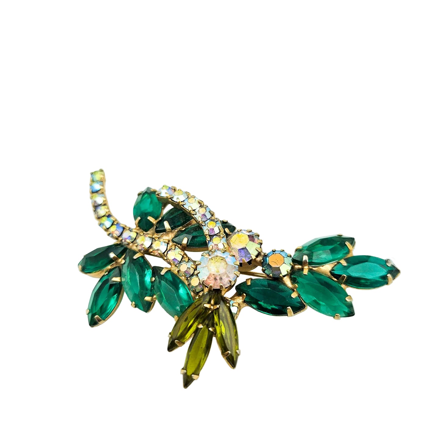 Vintage Designer-Style Green Rhinestone Brooch | Juliana-Style Mid-Century Pin