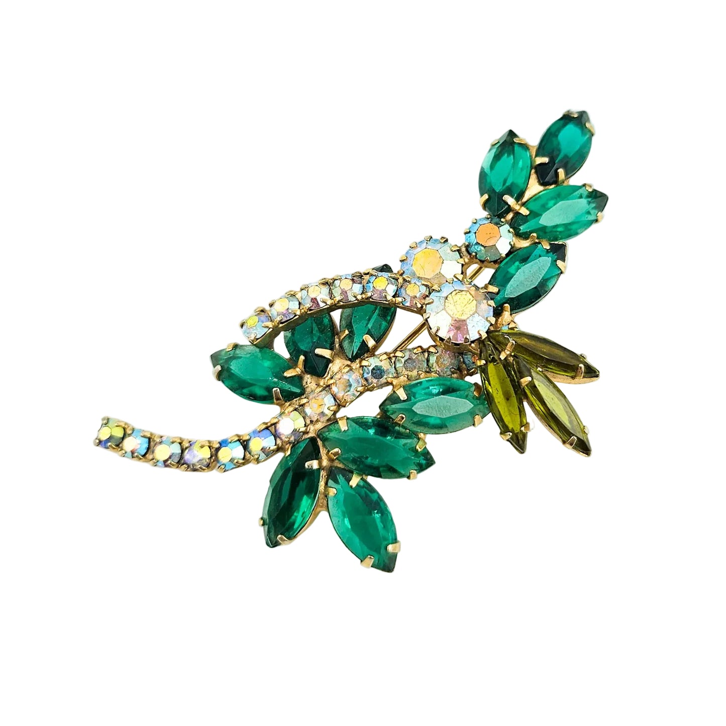 Vintage Designer-Style Green Rhinestone Brooch | Juliana-Style Mid-Century Pin