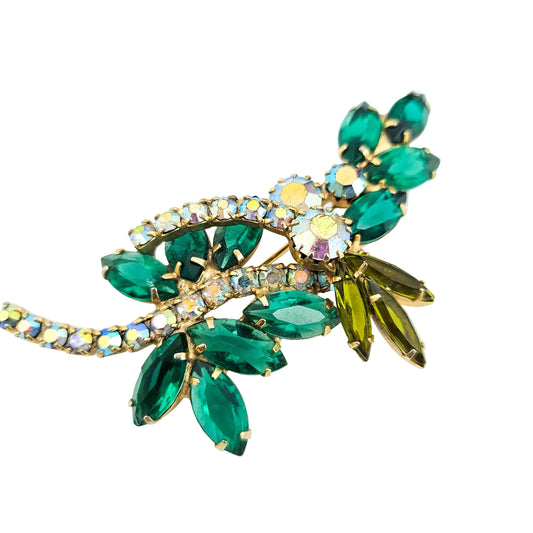 Vintage Designer-Style Green Rhinestone Brooch | Juliana-Style Mid-Century Pin