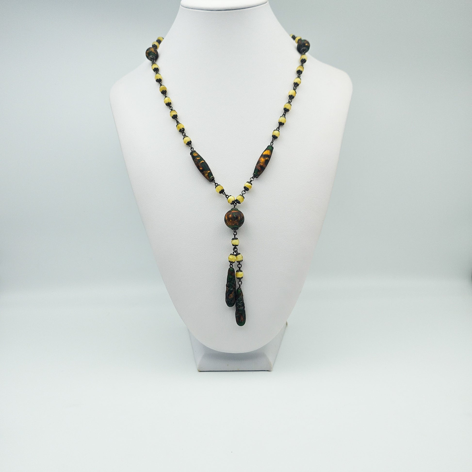 Uranium Glass Czech Foiled Art Glass Y Necklace - necklace detail