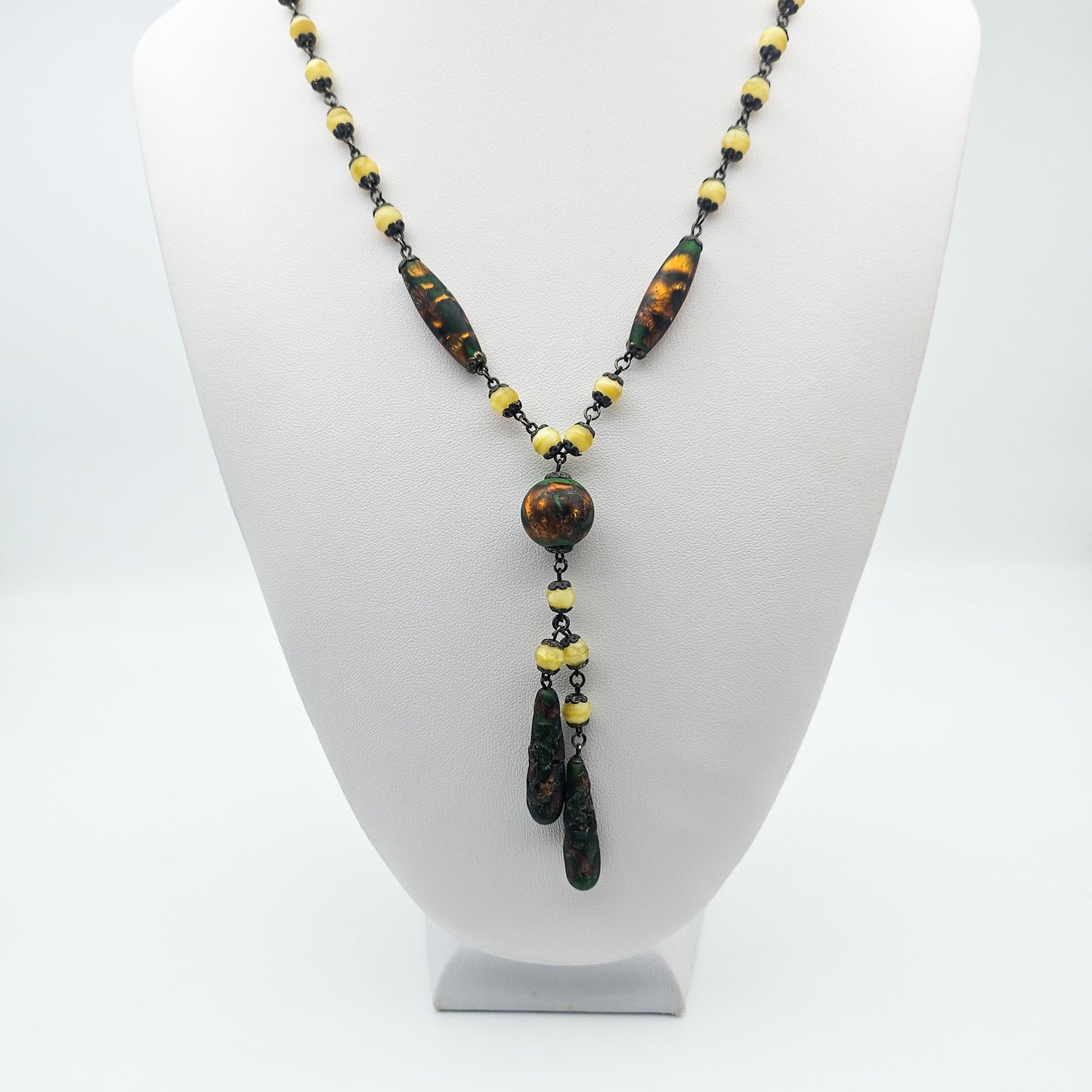 Uranium Glass Czech Foiled Art Glass Y Necklace - necklace detail