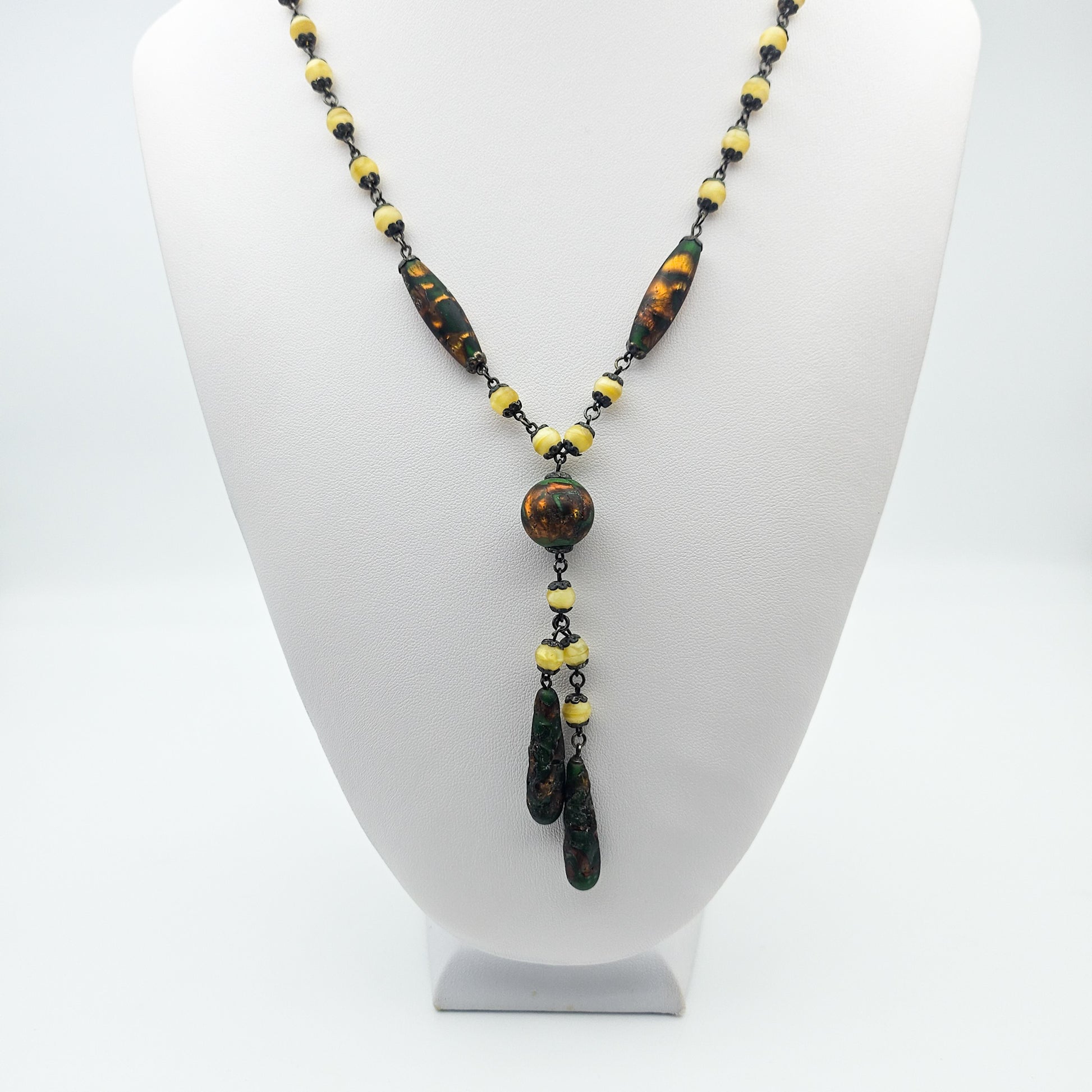 Uranium Glass Czech Foiled Art Glass Y Necklace - necklace detail