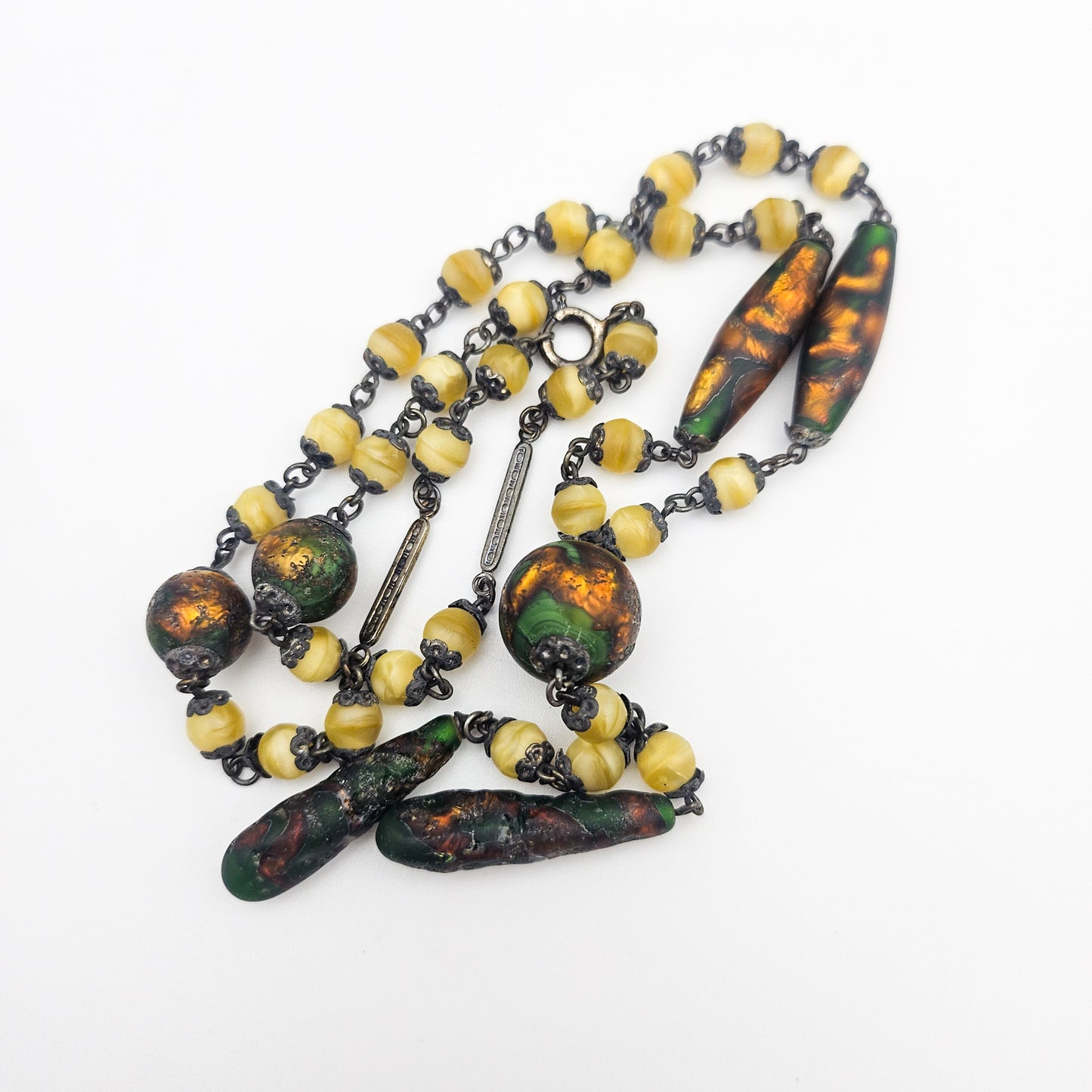Uranium Glass Czech Foiled Art Glass Y Necklace - necklace detail