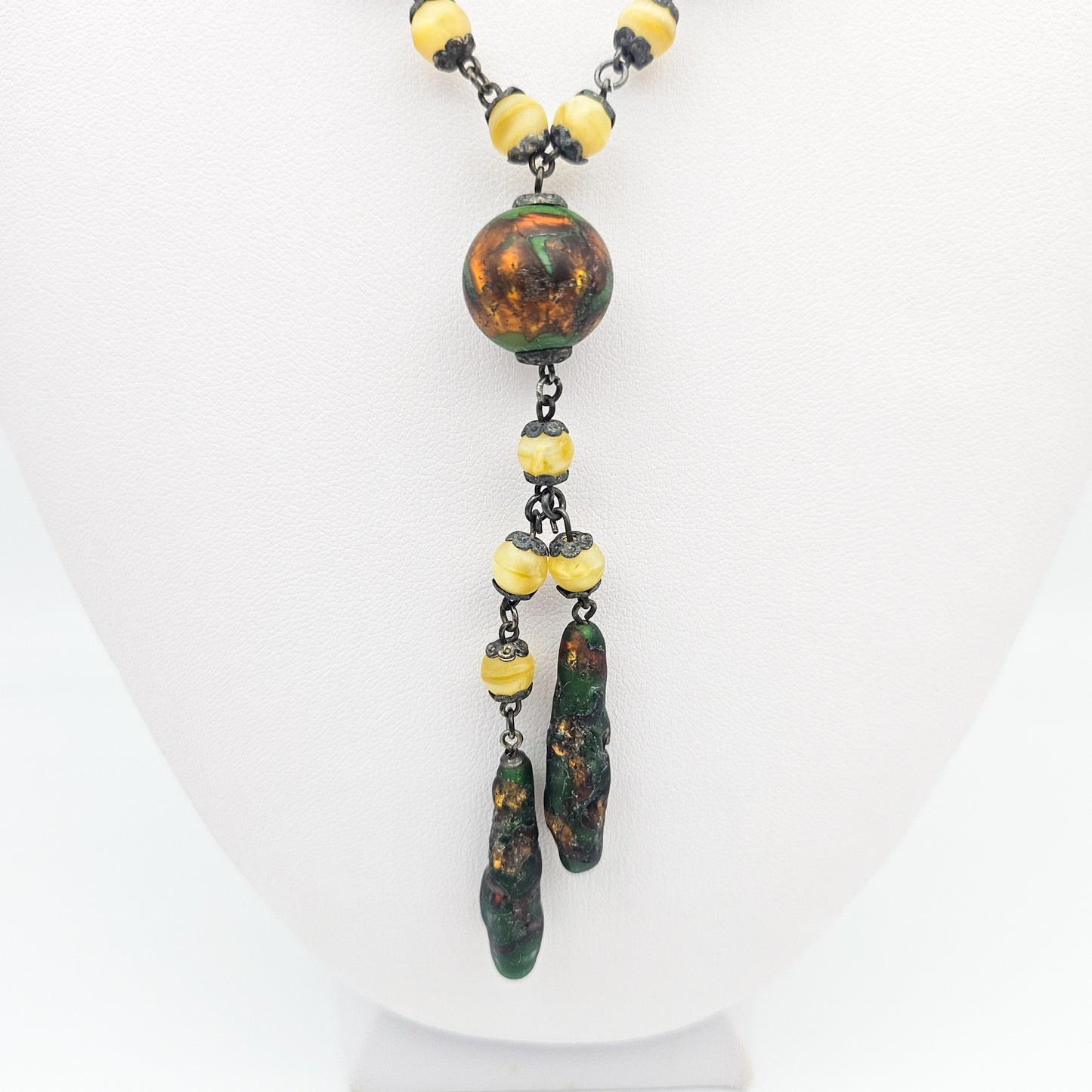 Uranium Glass Czech Foiled Art Glass Y Necklace - Art Deco / Czech Glass vintage jewelry