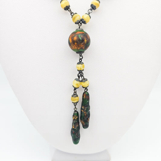 Uranium Glass Czech Foiled Art Glass Y Necklace - Art Deco / Czech Glass vintage jewelry