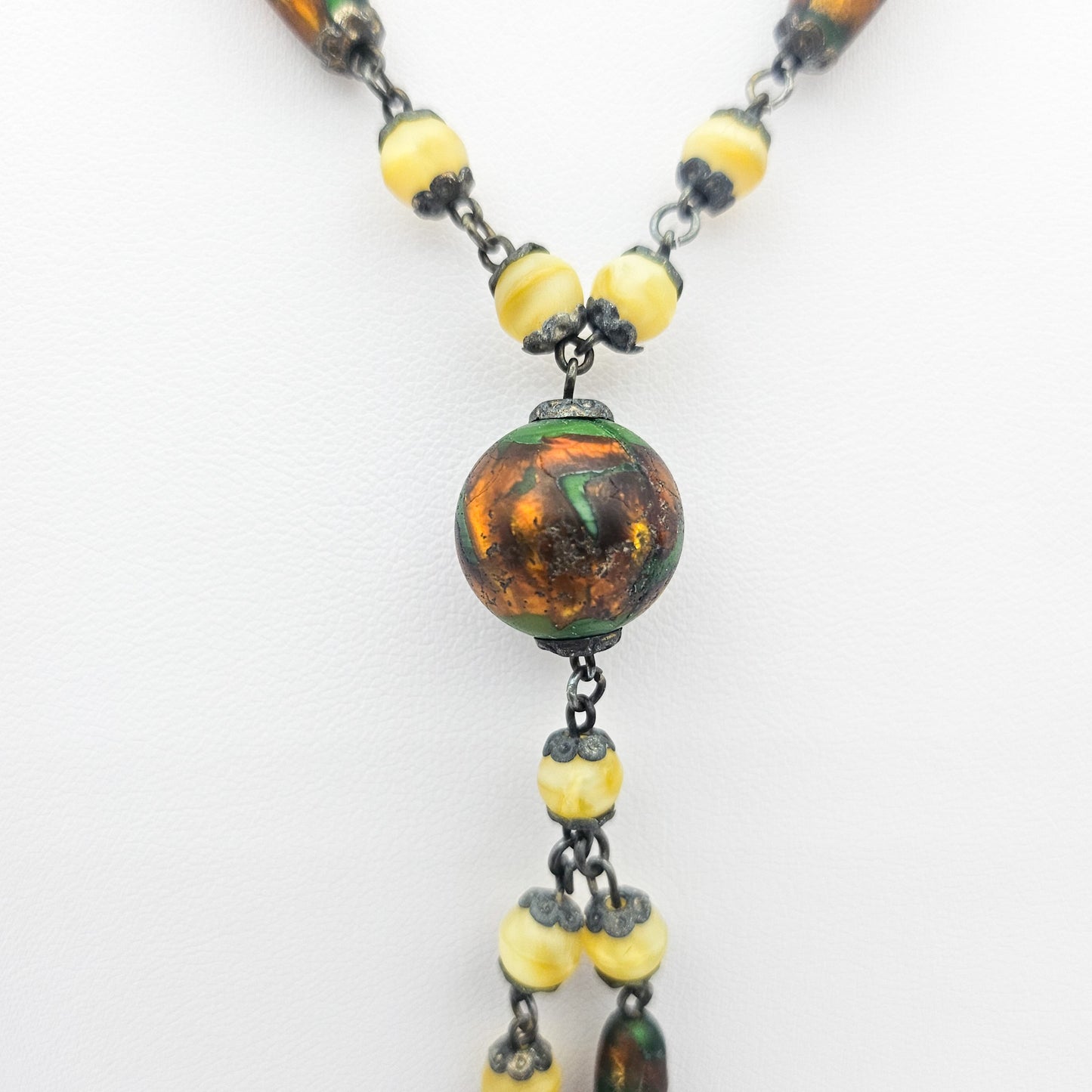 Uranium Glass Czech Foiled Art Glass Y Necklace - necklace detail