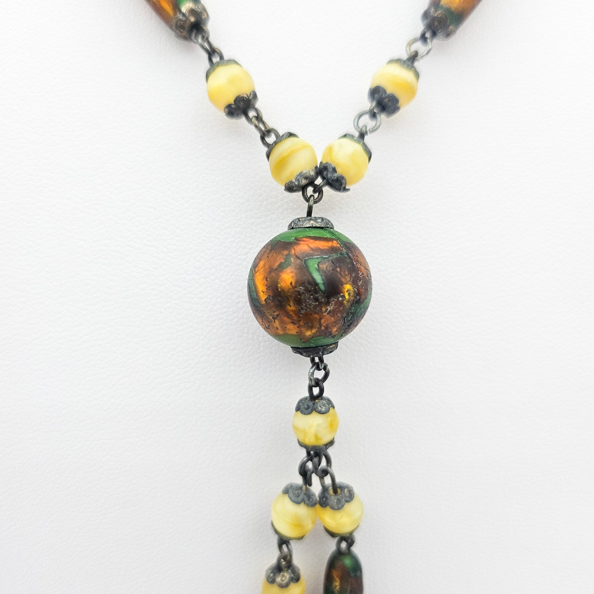 Uranium Glass Czech Foiled Art Glass Y Necklace - necklace detail