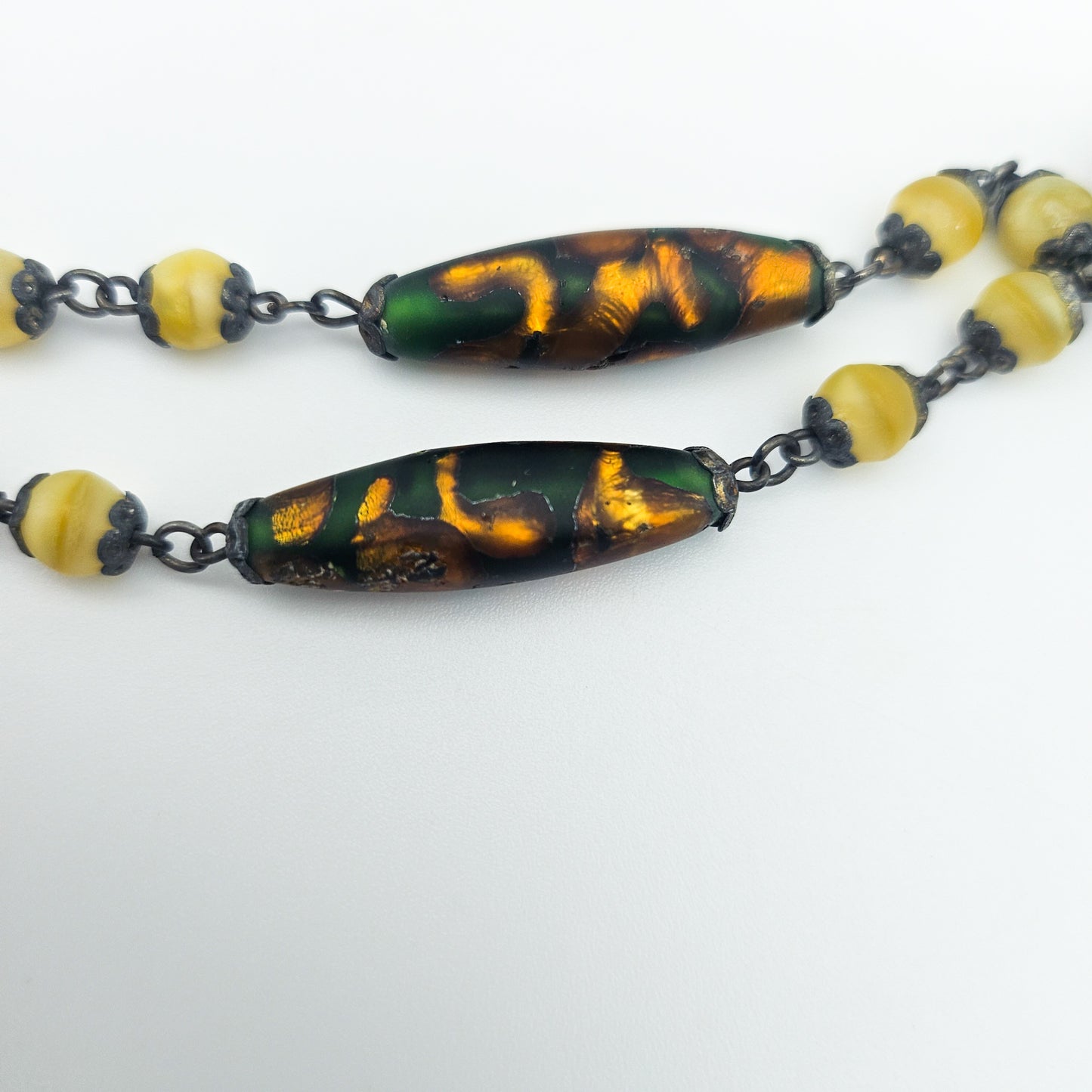 Uranium Glass Czech Foiled Art Glass Y Necklace - necklace detail
