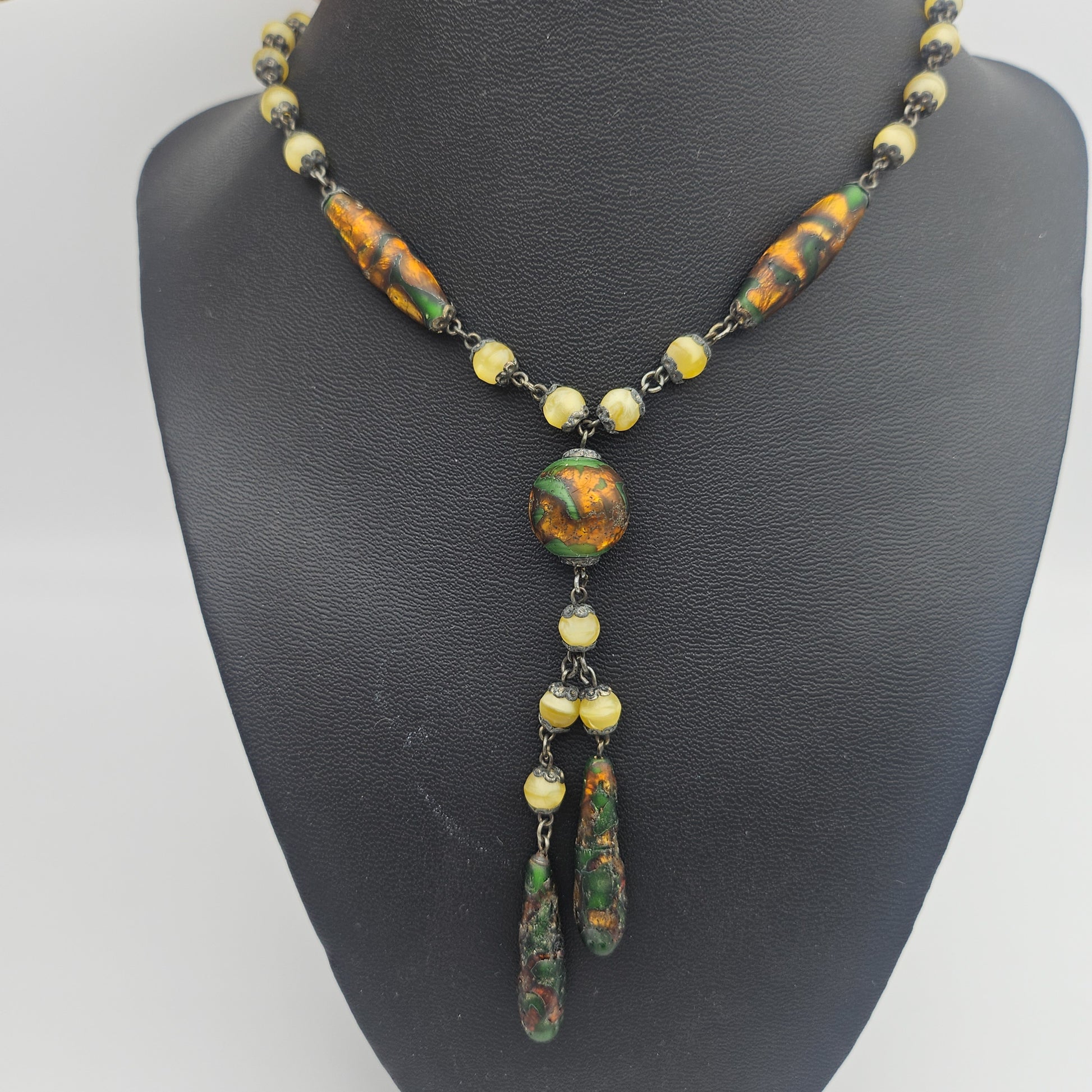 Uranium Glass Czech Foiled Art Glass Y Necklace - necklace detail