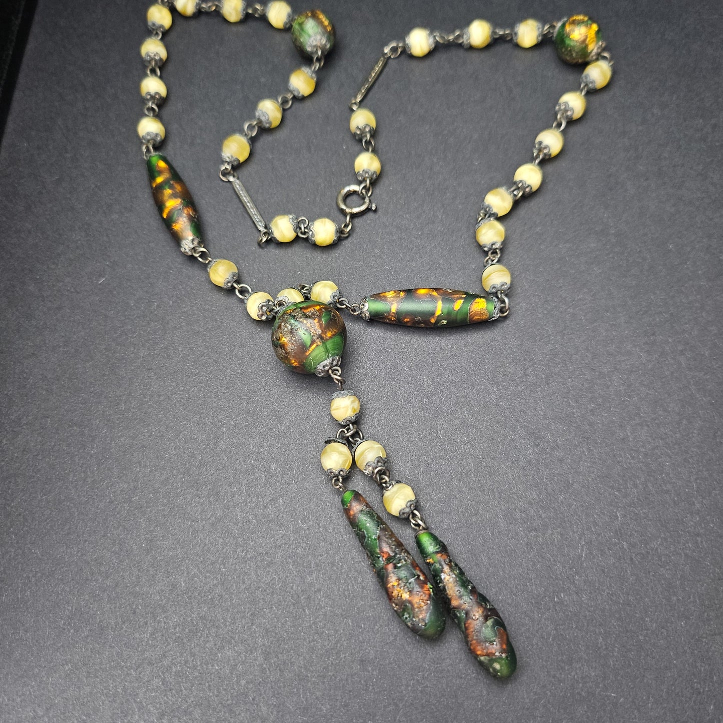 Uranium Glass Czech Foiled Art Glass Y Necklace - necklace detail