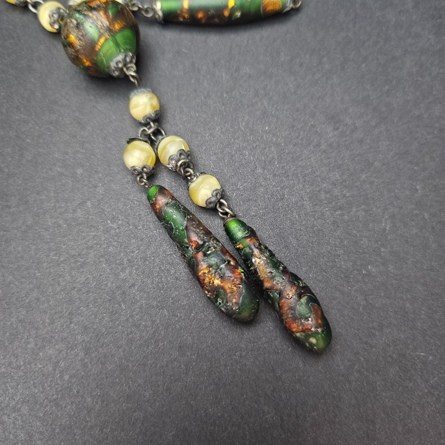 Uranium Glass Czech Foiled Art Glass Y Necklace - necklace detail