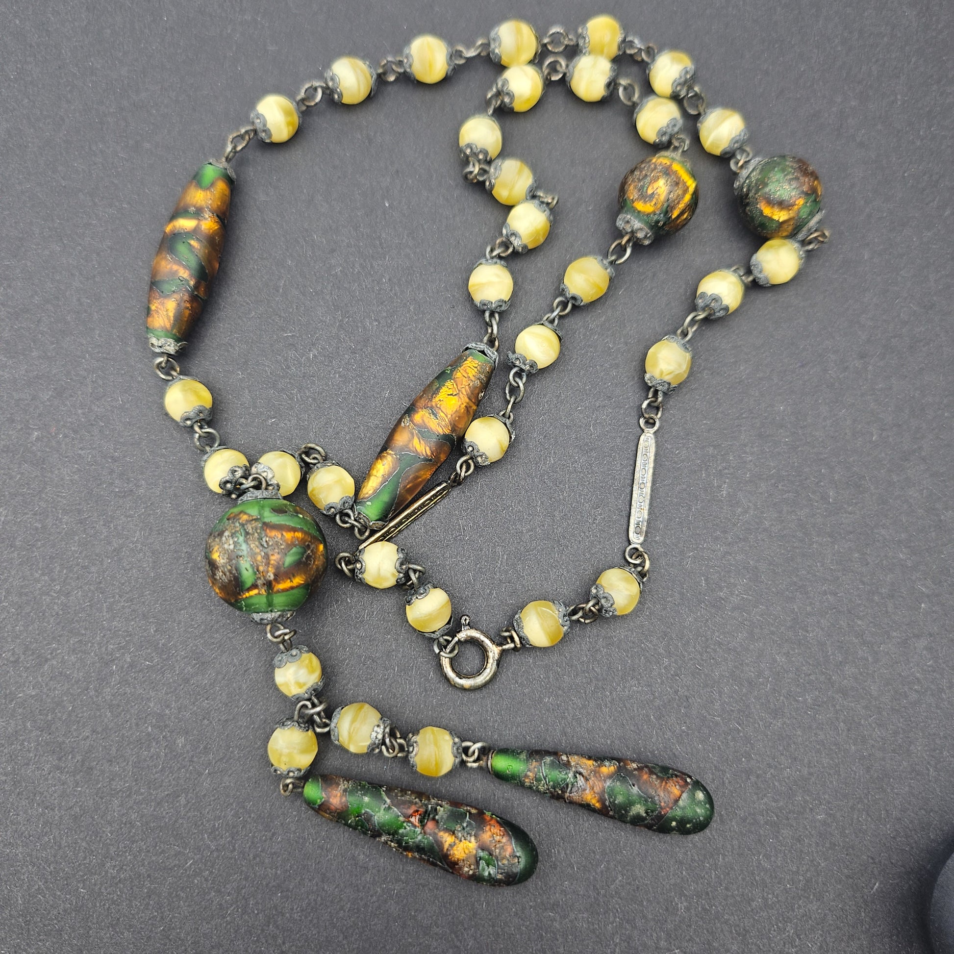 Uranium Glass Czech Foiled Art Glass Y Necklace - necklace detail