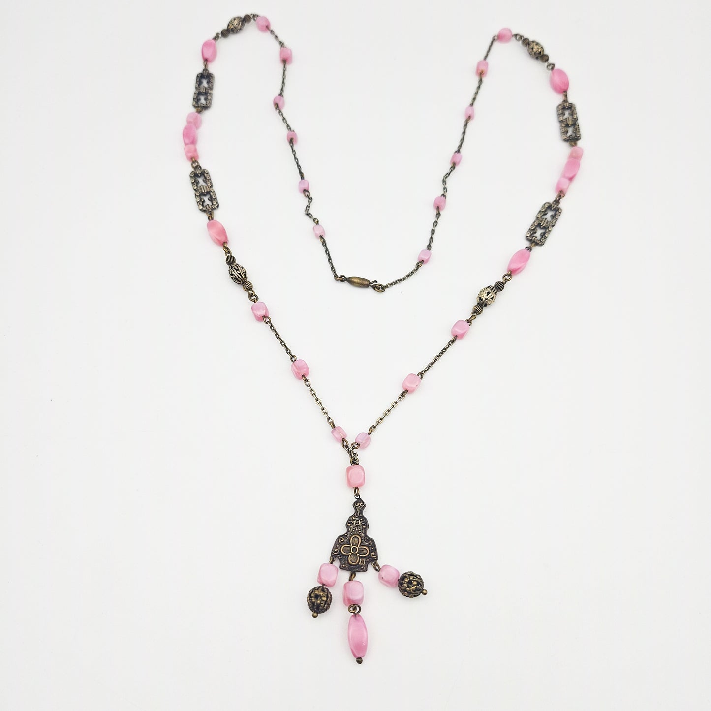 Pink Czech Uranium Glass Art Deco Necklace - necklace detail