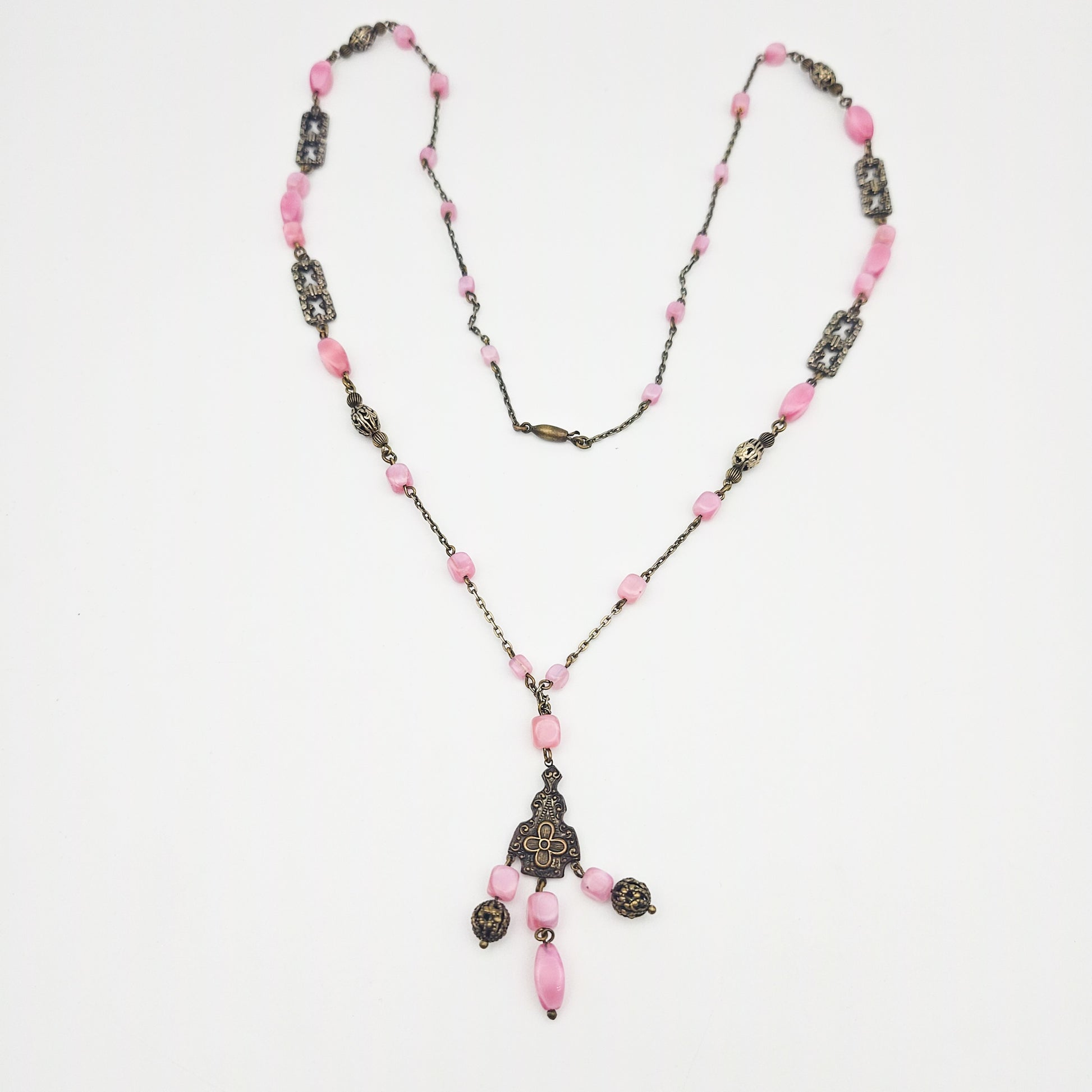 Pink Czech Uranium Glass Art Deco Necklace - necklace detail