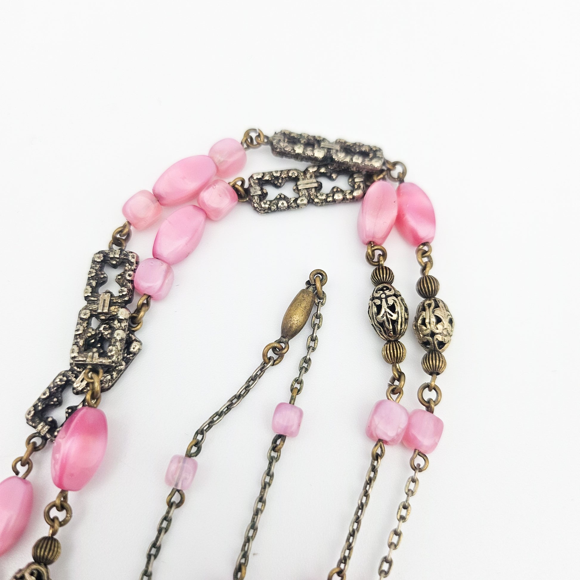 Pink Czech Uranium Glass Art Deco Necklace - necklace detail