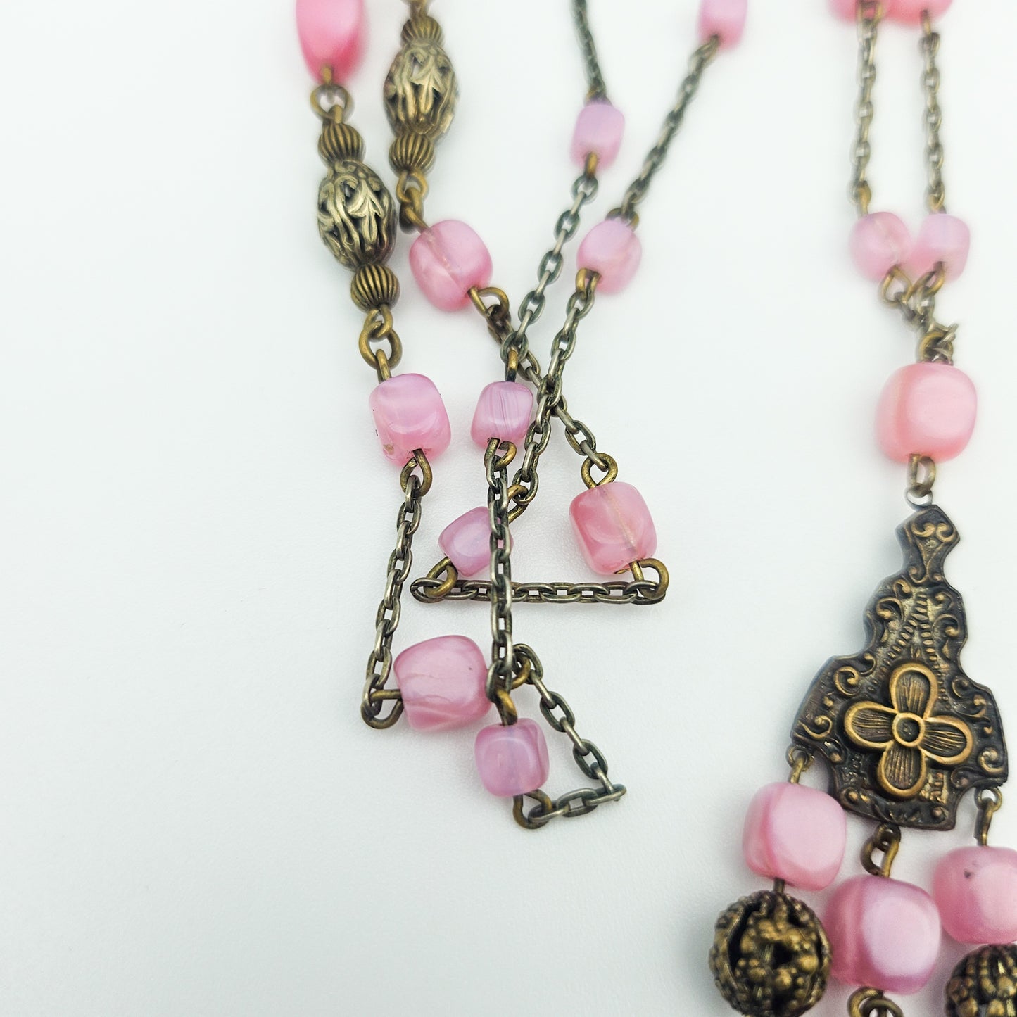 Pink Czech Uranium Glass Art Deco Necklace - necklace detail