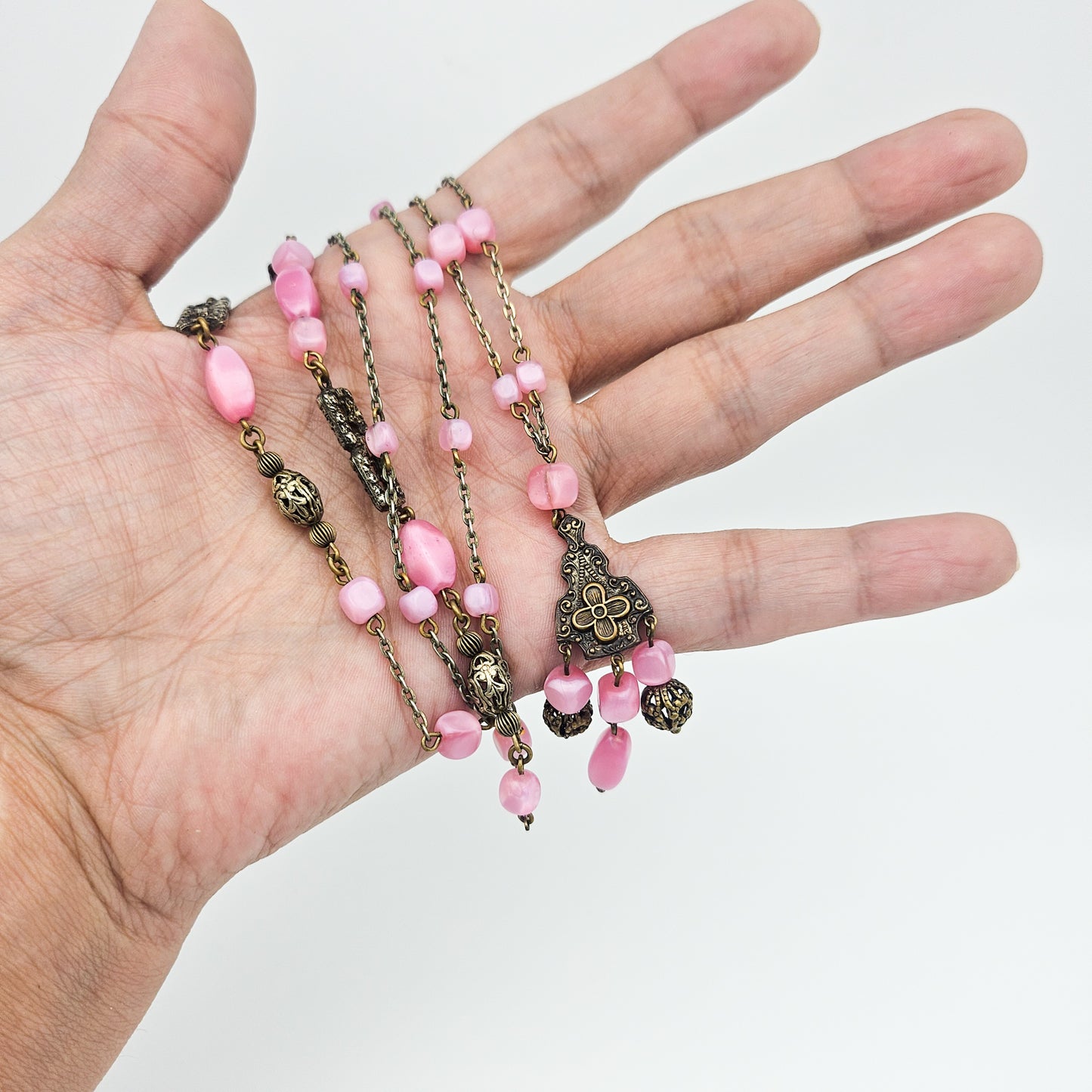 Pink Czech Uranium Glass Art Deco Necklace - necklace detail