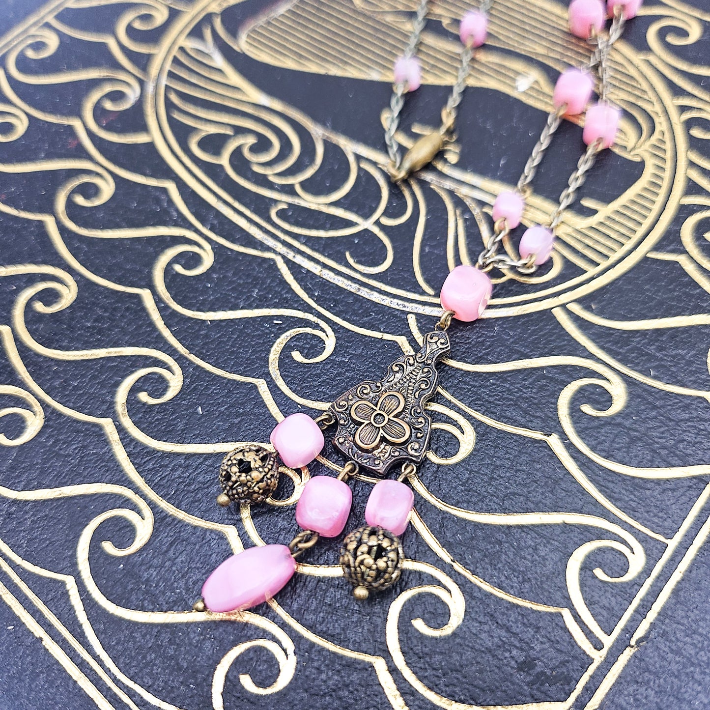 Pink Czech Uranium Glass Art Deco Necklace - necklace detail