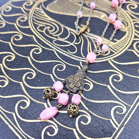 Pink Czech Uranium Glass Art Deco Necklace - necklace detail