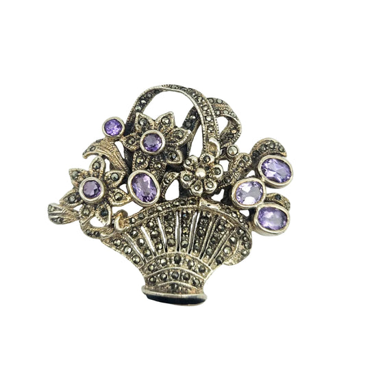 Sterling Silver Amethyst & Marcasite Basket Brooch - Estate / Sterling Silver vintage jewelry