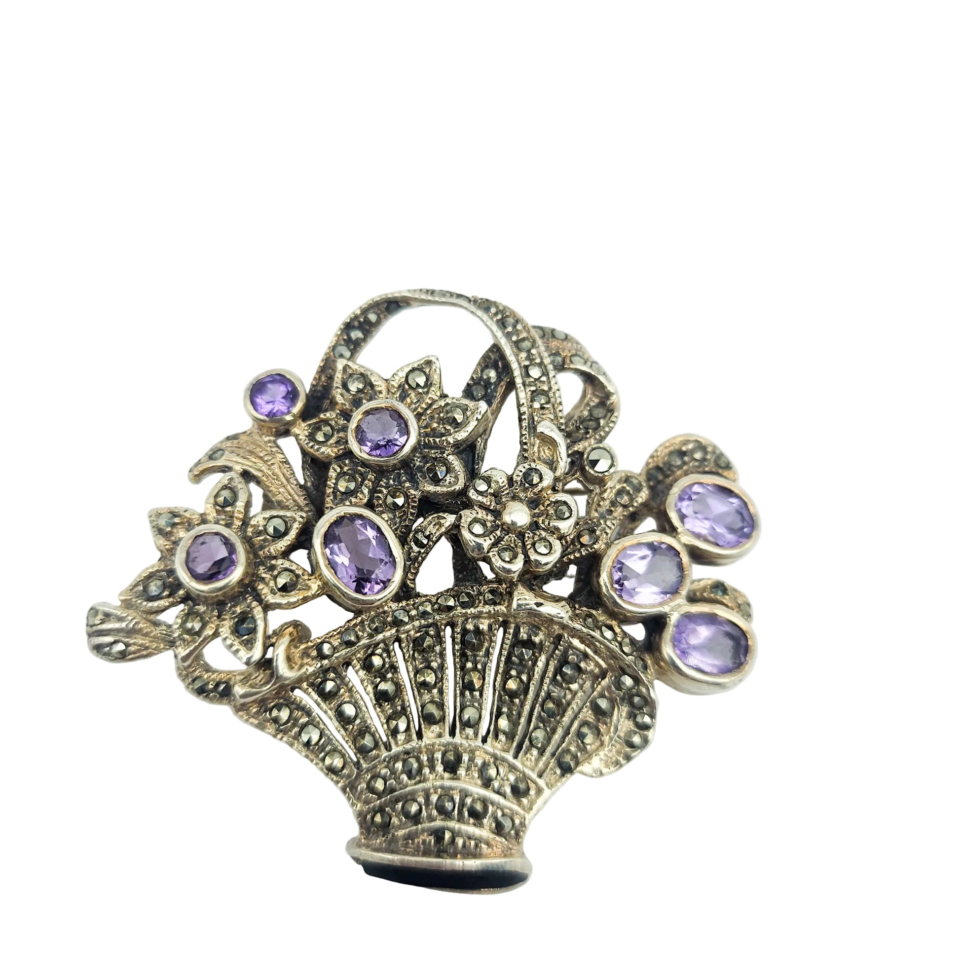 Sterling Silver Amethyst & Marcasite Basket Brooch - brooch detail