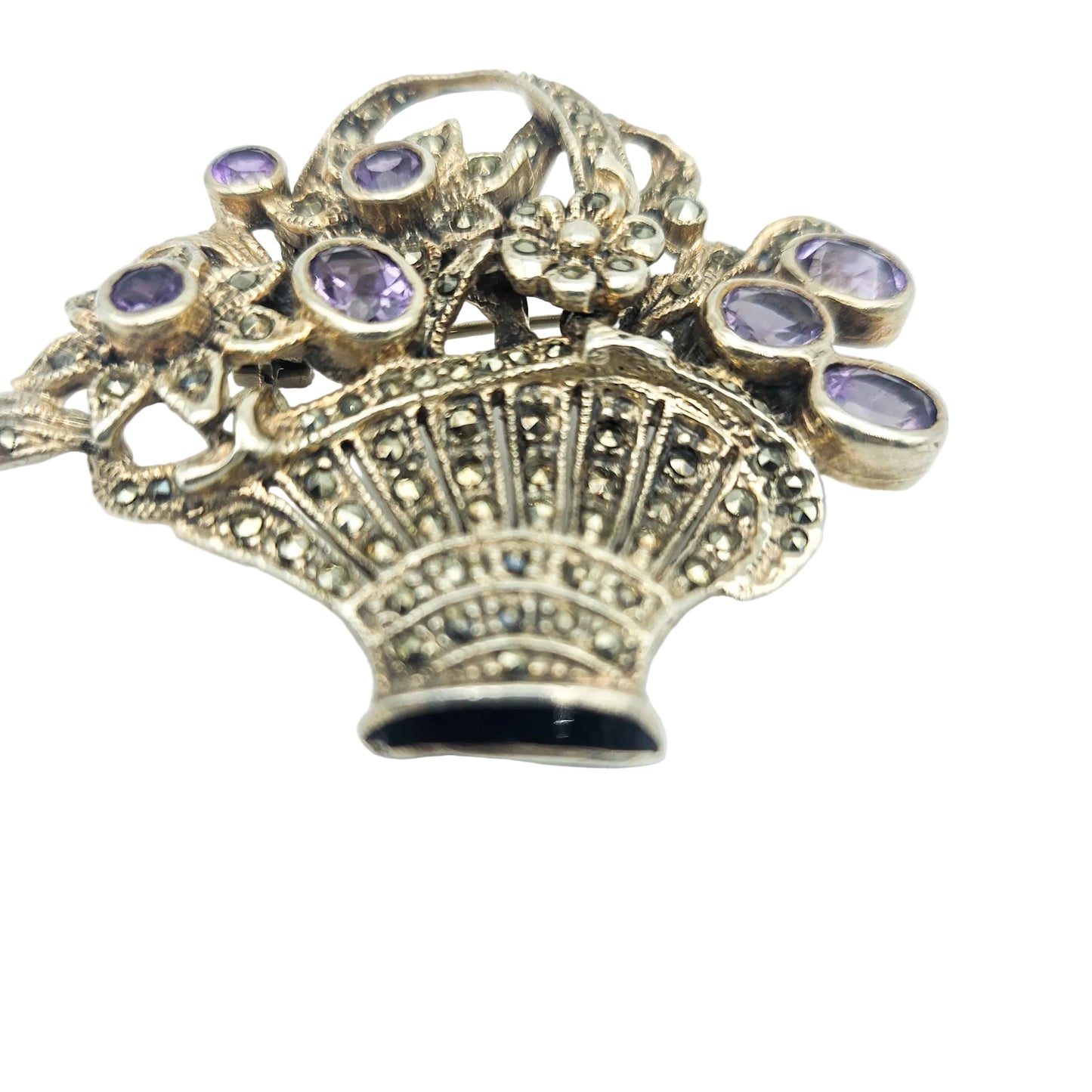 Sterling Silver Amethyst & Marcasite Basket Brooch - brooch detail