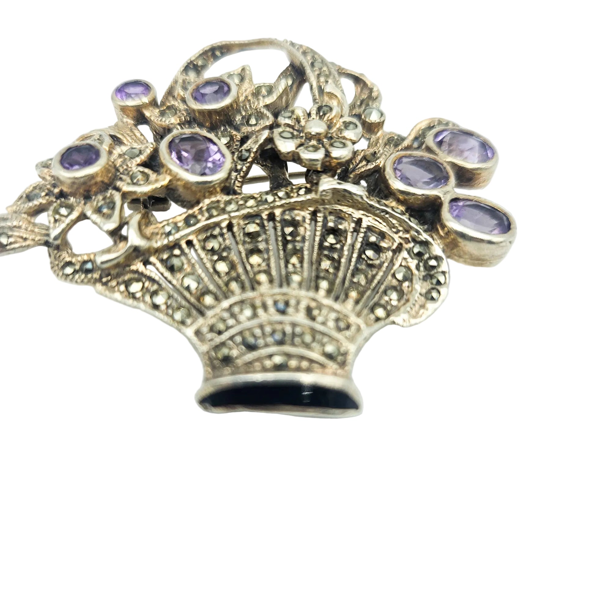 Sterling Silver Amethyst & Marcasite Basket Brooch - brooch detail