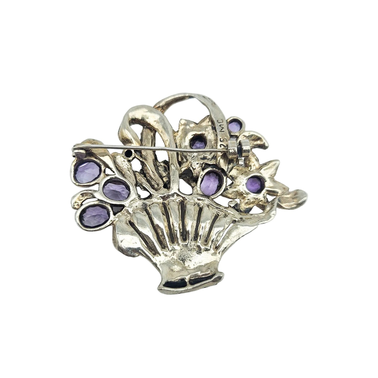 Sterling Silver Amethyst & Marcasite Basket Brooch - brooch detail