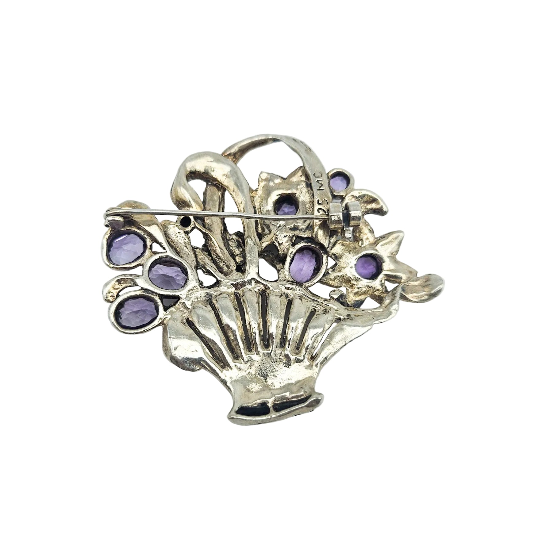 Sterling Silver Amethyst & Marcasite Basket Brooch - brooch detail
