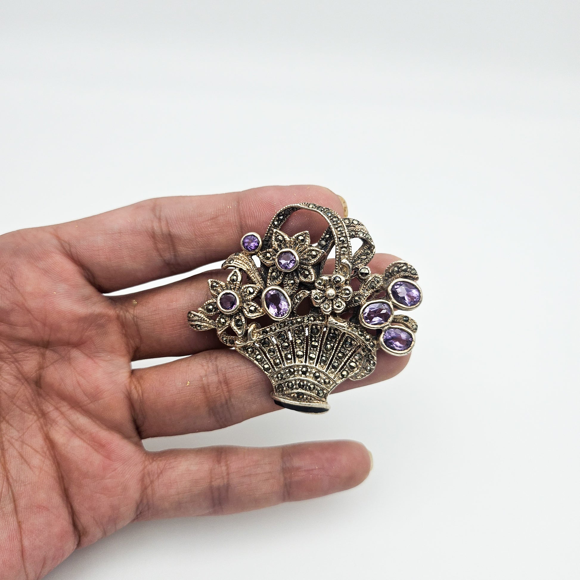 Sterling Silver Amethyst & Marcasite Basket Brooch - brooch detail